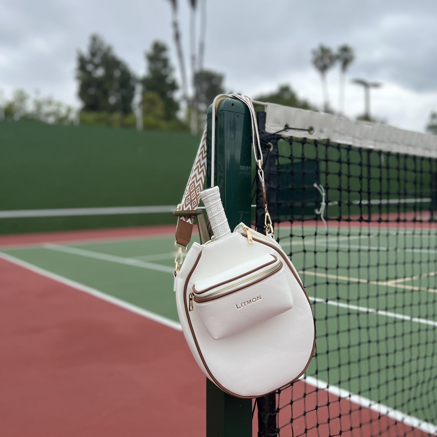 LITMON Pickleball Paddle Bag Leather Crossbody with Adjustable Fashionable Strap and Fence Hook