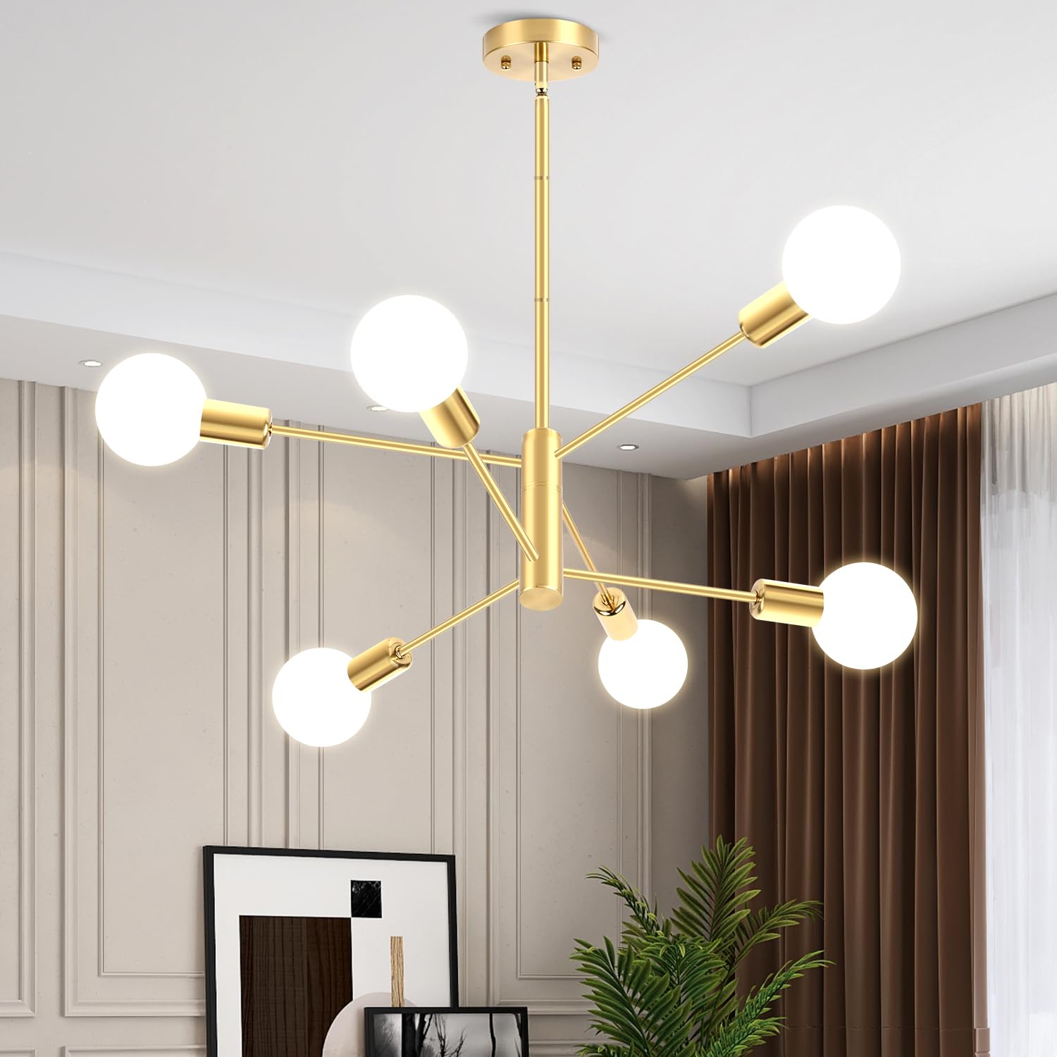 CANMEIJIA Modern Modern Sputnik Chandelier, Industrial Gold Ceiling Light Fixture,6-Light Pendant Light Fixture for Kitchen Island,Bedroom Dining Room Living Room