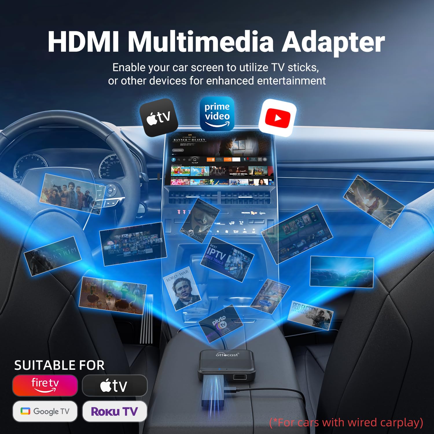 OTTOCAST Car TV Mate - Fire TV Stick Converter for Car - Plug & Play, Stable Fast, No Latency - Compatible with SetTop Box, Switch, etc - HDMI to USB Port Converter for The OEM Factory CarPlay Cars