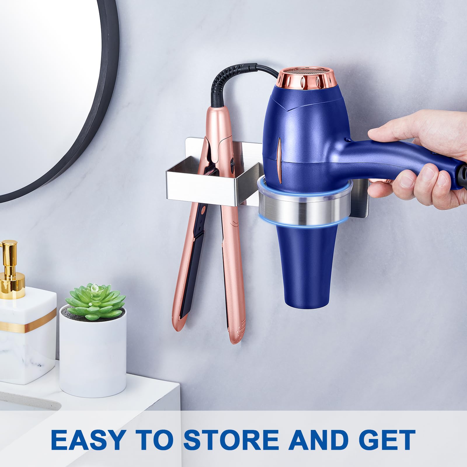 Hair Dryer Holder Wall Mounted, Hair Straightener Holder, Stainless Steel Blow Dryer Holder, Hair Tool Organizer for Hairdryer Holder Storage, Adhesive Curling Iron Holder for Bathroom Vanity