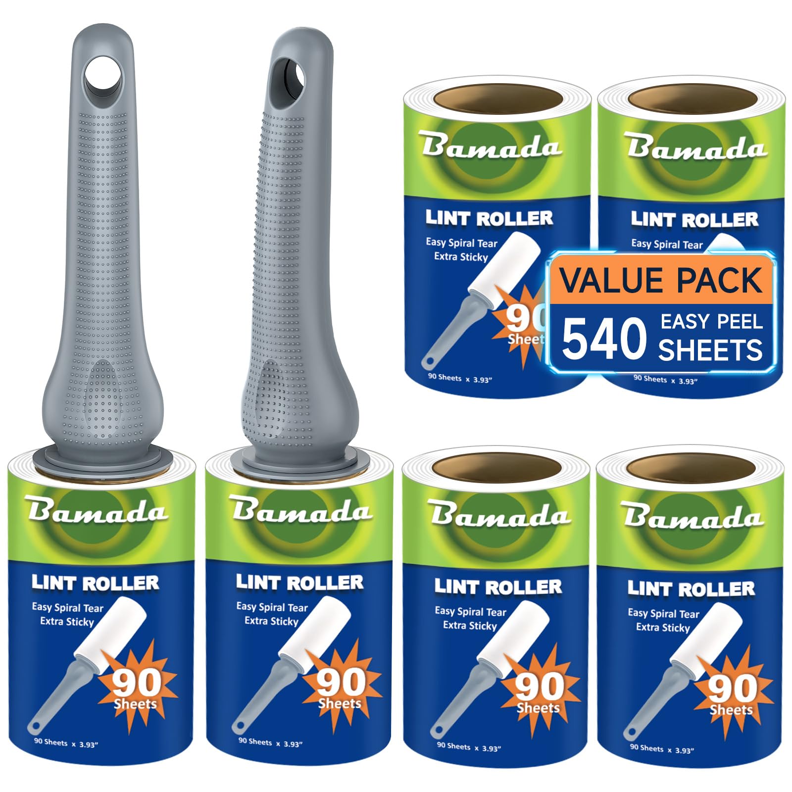 Sticky Lint Roller for Pet Hair: Lint Remover for Dog Cat Hair Mega Value Set 540 Sheets 2 Handles+6 Rollers Fur Removal for Clothes Couch Furniture