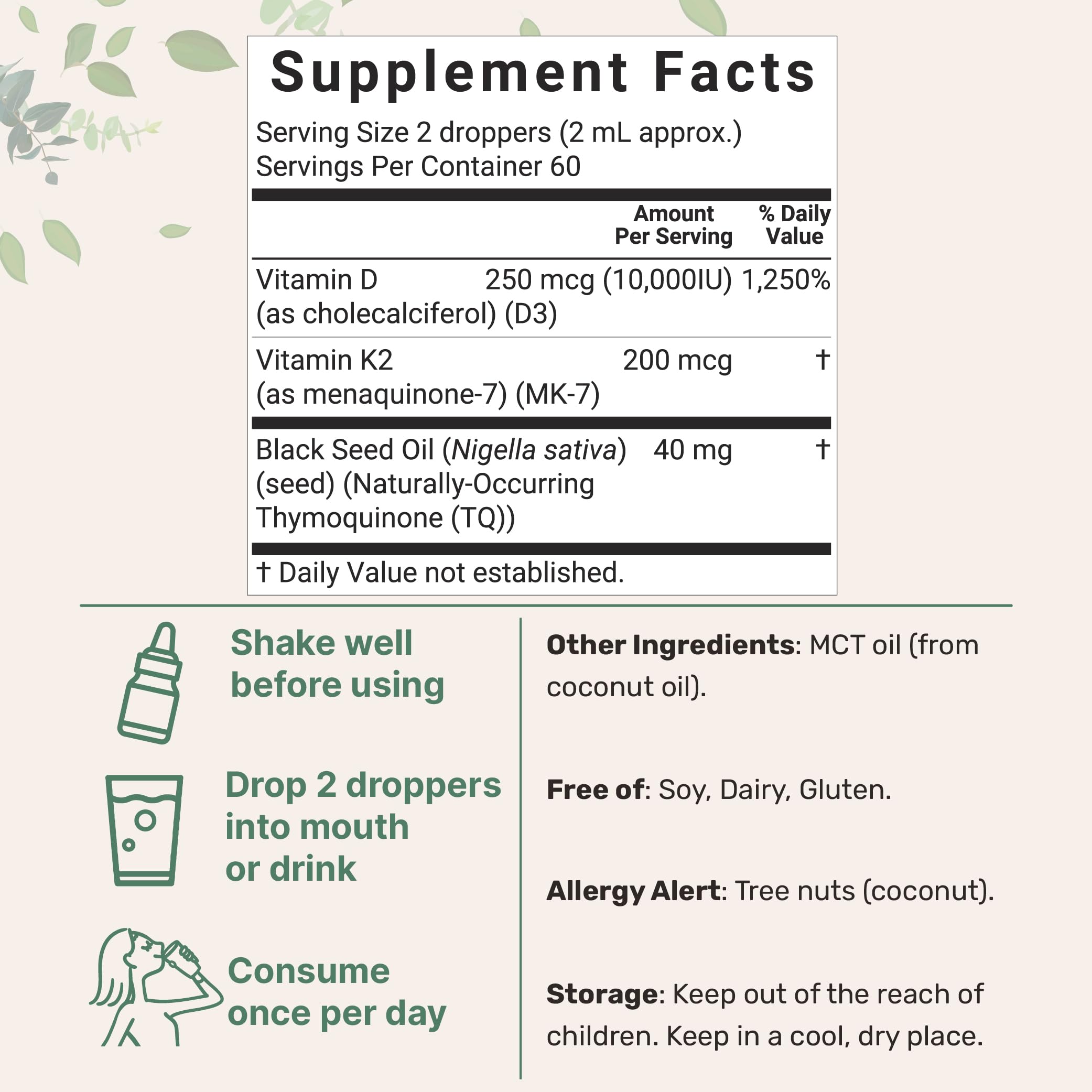 Micro Ingredients 2 Pack Vitamin D3 10000 iu + K2 (MK-7) 200 mcg Drops, 4 fl oz | Plus Black Seed & MCT Oil | 4-in-1 Bone, Immune, & Heart Health Support | Easy Absorption