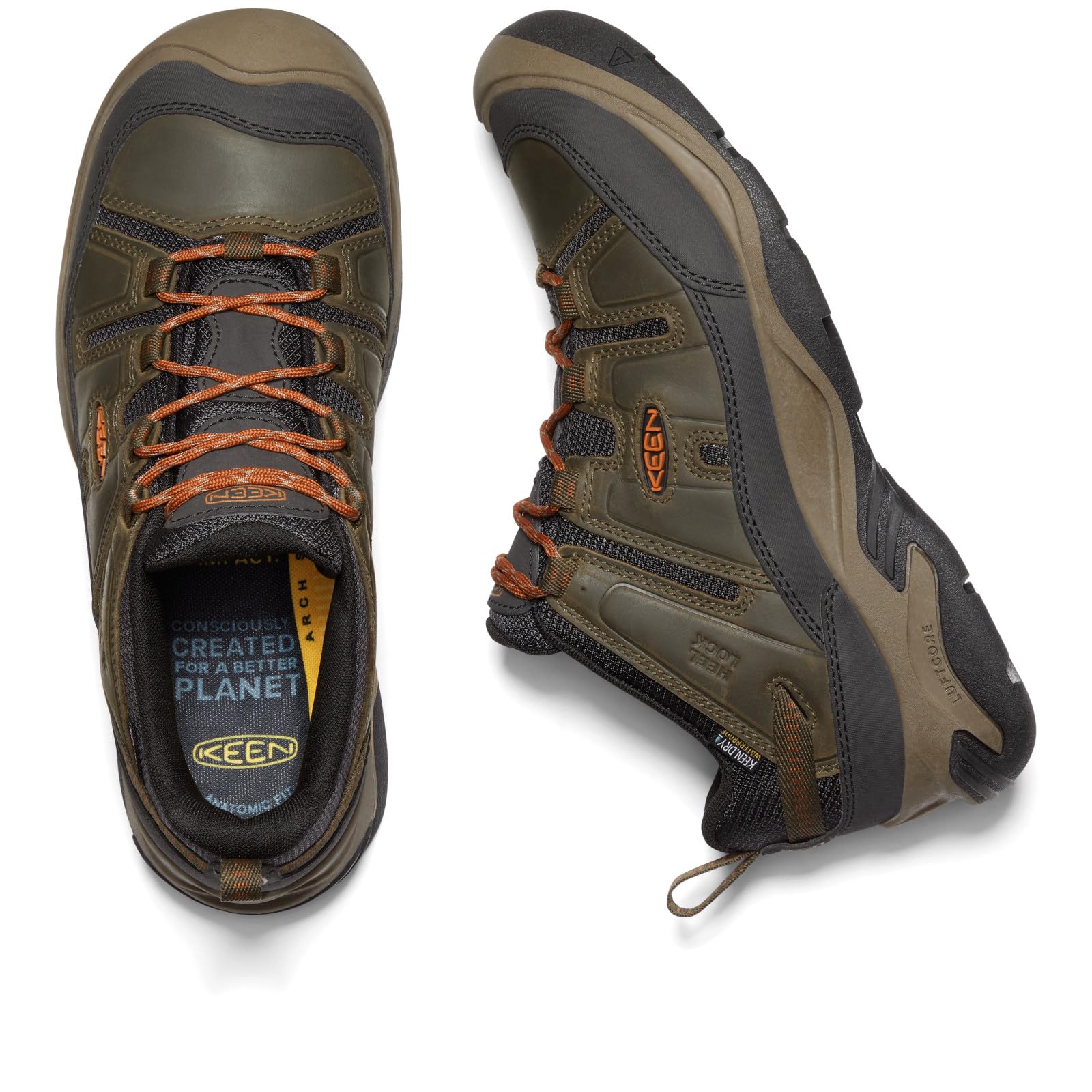 KEEN Men’s Circadia Low Height Comfortable Waterproof Hiking Shoes, Black Olive/Potters Clay, 14 Medium US