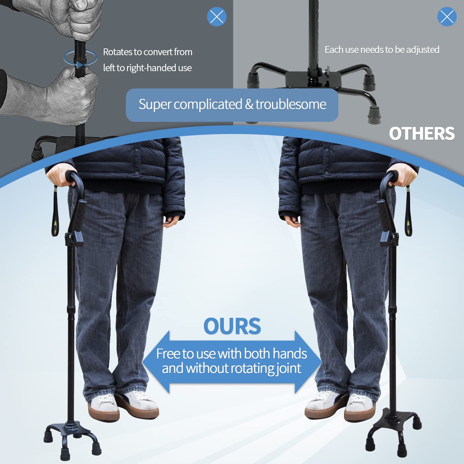 Adjustable Walking Cane for Men & Women with 4-Pronged Base for Extra Stability - Foldable Cane for Seniors with Foam Padded Offset Handle for Soft Grip & a Second Handle for Standing Black