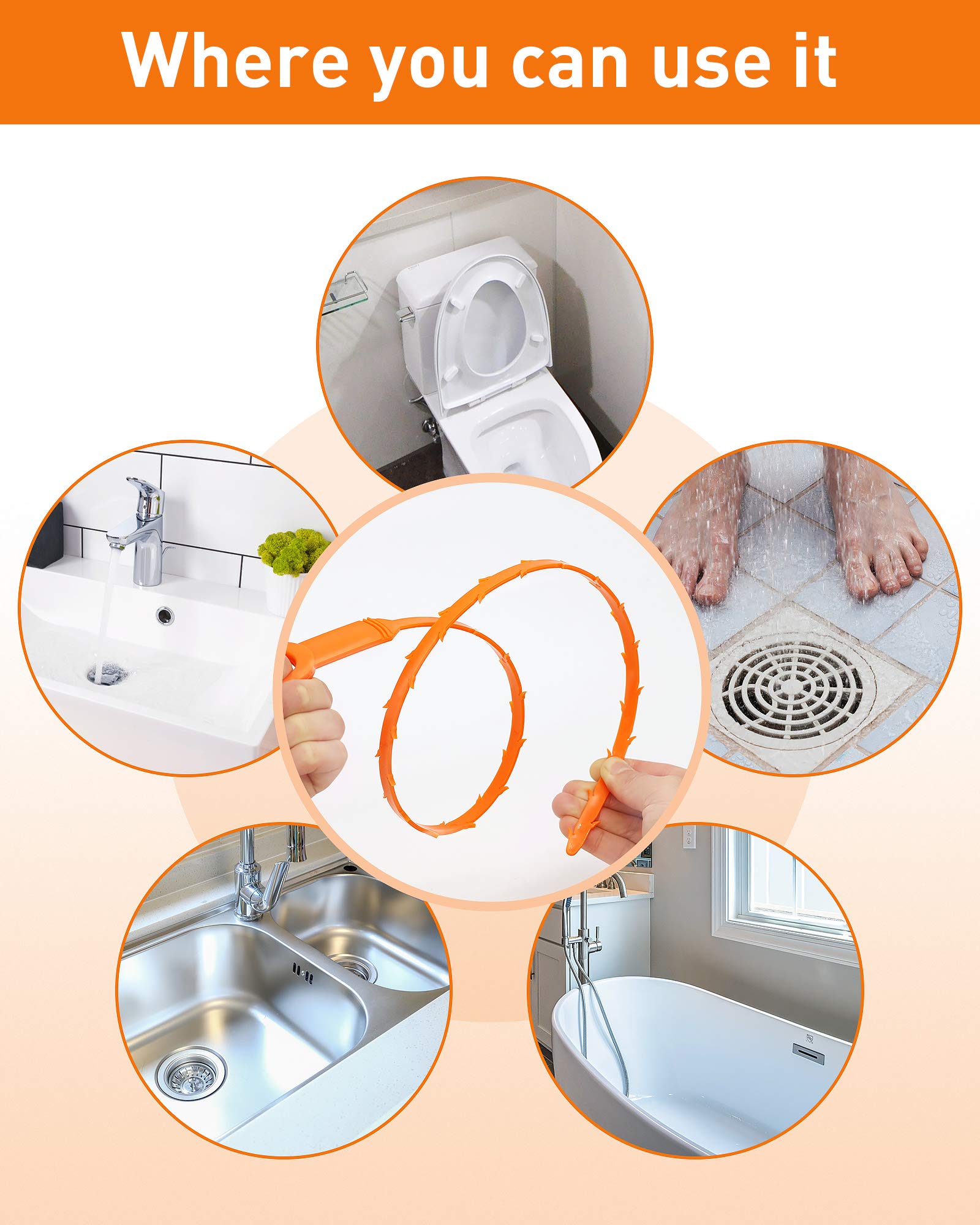 Oanie 6 Pack 25 Inch Drain Clog Remover Tool, Drain Hari Cleaner Tool, Hair Cather Shower Drain Tool, Drain Auger Hair Cleaning Tool for Shower Kitchen Sink Bath Tub Bathroom, Sink Snake Hair Remover