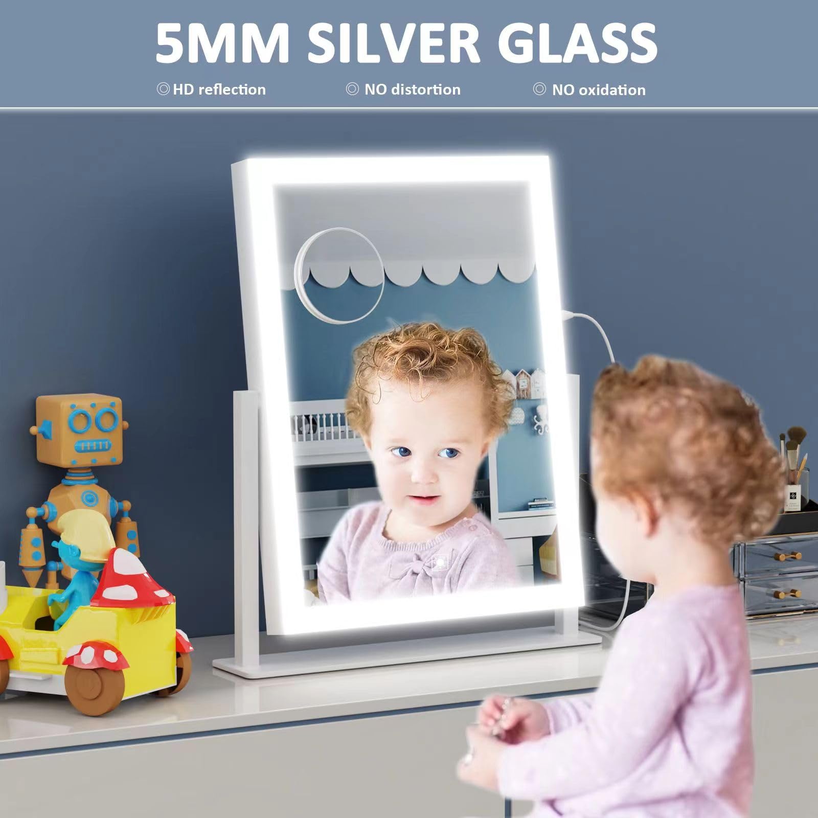 Gvnkvn 15.2" Lighted Makeup Mirror Hollywood Vanity Mirror with Lights, Three Color Modes,Detachable 10X Magnification Mirror, Smart Touch Control, 360°Rotation White