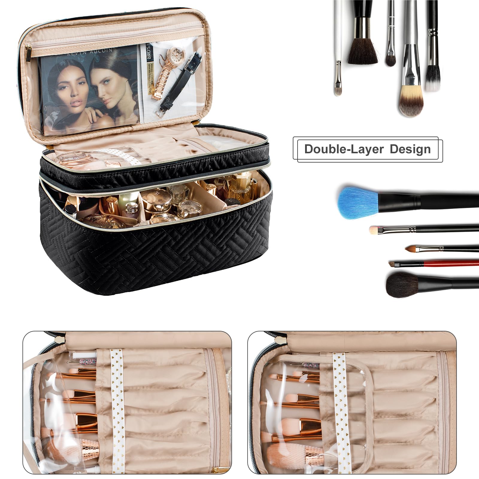 AMOIGEE Large Makeup Bag, Travel Makeup Bag Organizer, Double Layer Train Case Makeup Bag, Toiletry Bag for Makeup Brushes, Full Size Bottles, Palettes Sponge, Cosmetic Organizer