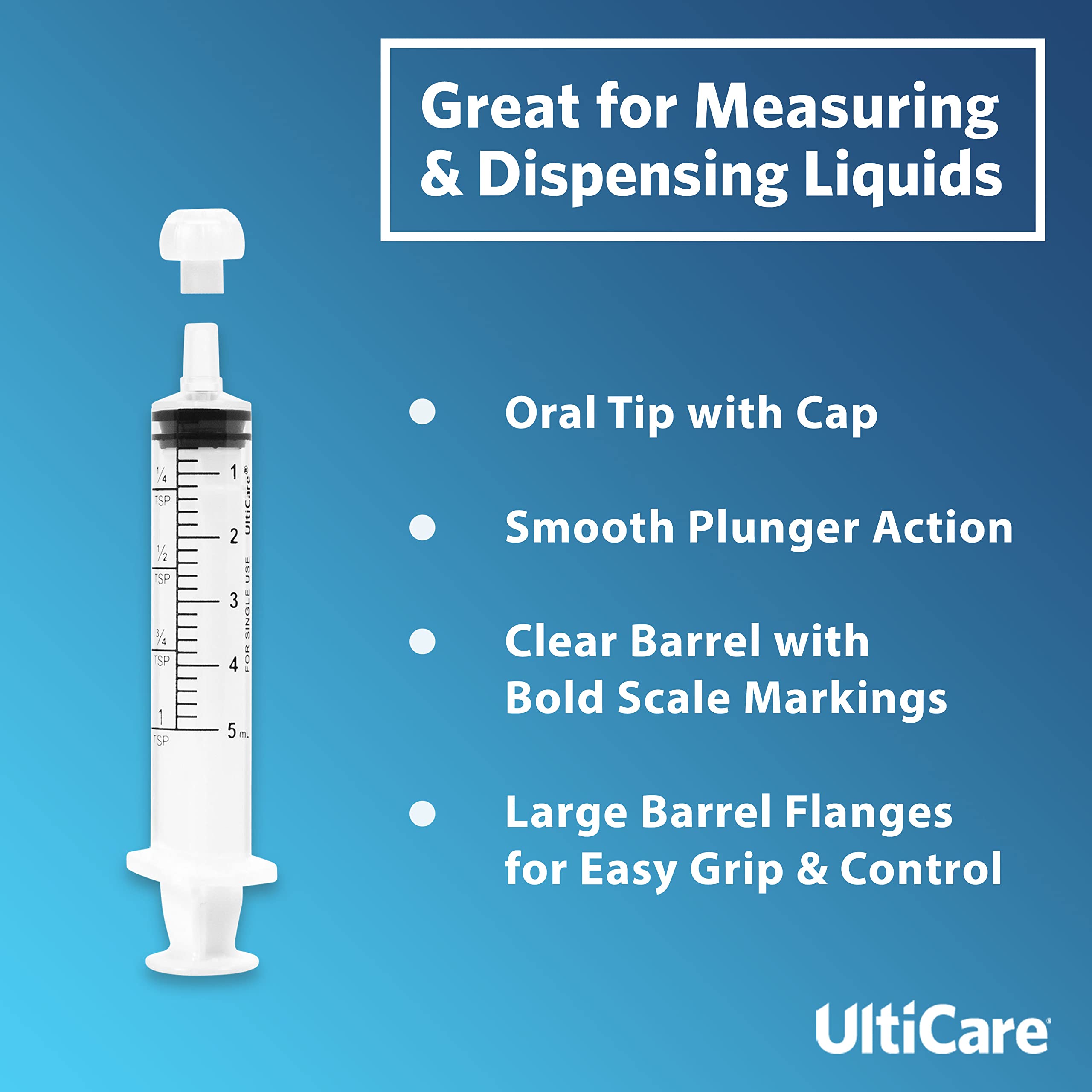 UltiCare 5mL (1 TSP) Oral Syringe – Uses Include Oral Administration of Medicine for Infants, Toddlers and Small Pets, and Small HH Projects. Oral Tip with Cap, Sterile Individually Wrapped, 60 Count