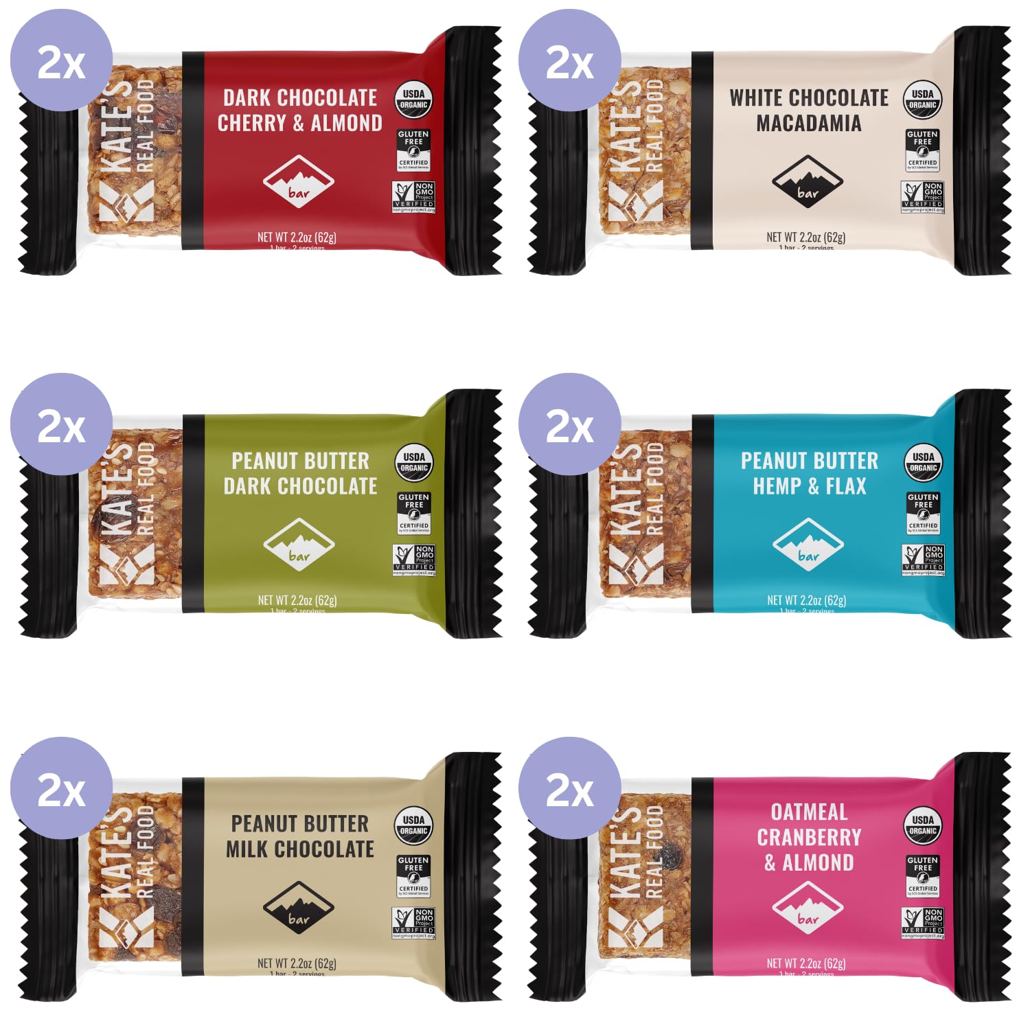 Kate’s Real Food Organic Granola Bars - Snack & Share Variety Pack (2.2 oz, Pack of 12) - Organic Energy Bars Made with Gluten Free Oats - Non GMO, Soy Free, Whole Grains, and All Natural