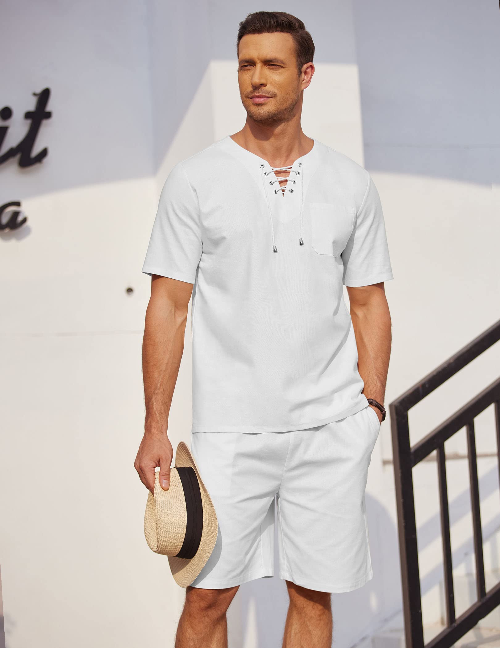 COOFANDY Men Linen Short Set 2 Piece Beach Hippie Shirts Elastic Waist Shorts Outfit white