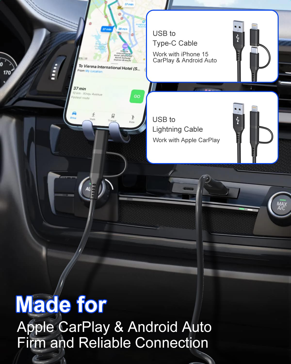 Coiled USB to USB C and Lightning Cable 2 in 1 - MFi iPhone 15/16 Car Charger Cord, 3A Fast Charging Cable for iPhone 16/15/14/13/12/X, Galaxy, Android, Support Apple CarPlay & Android Auto & Data