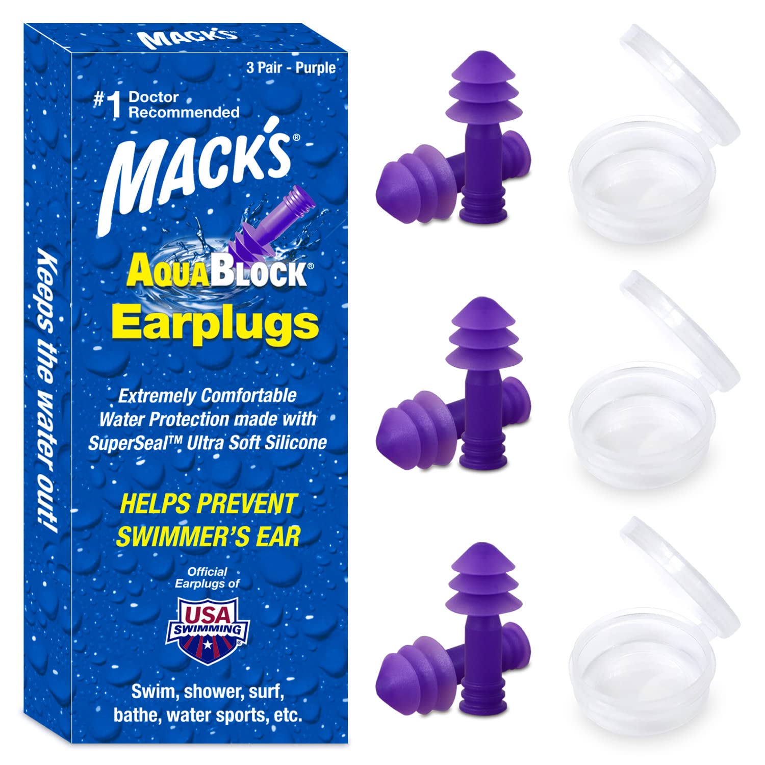 Mack's AquaBlock Swimming Earplugs, 3 Pair - Comfortable, Waterproof, Reusable Silicone Ear Plugs for Swimming, Snorkeling, Showering, Surfing and Bathing (Purple)