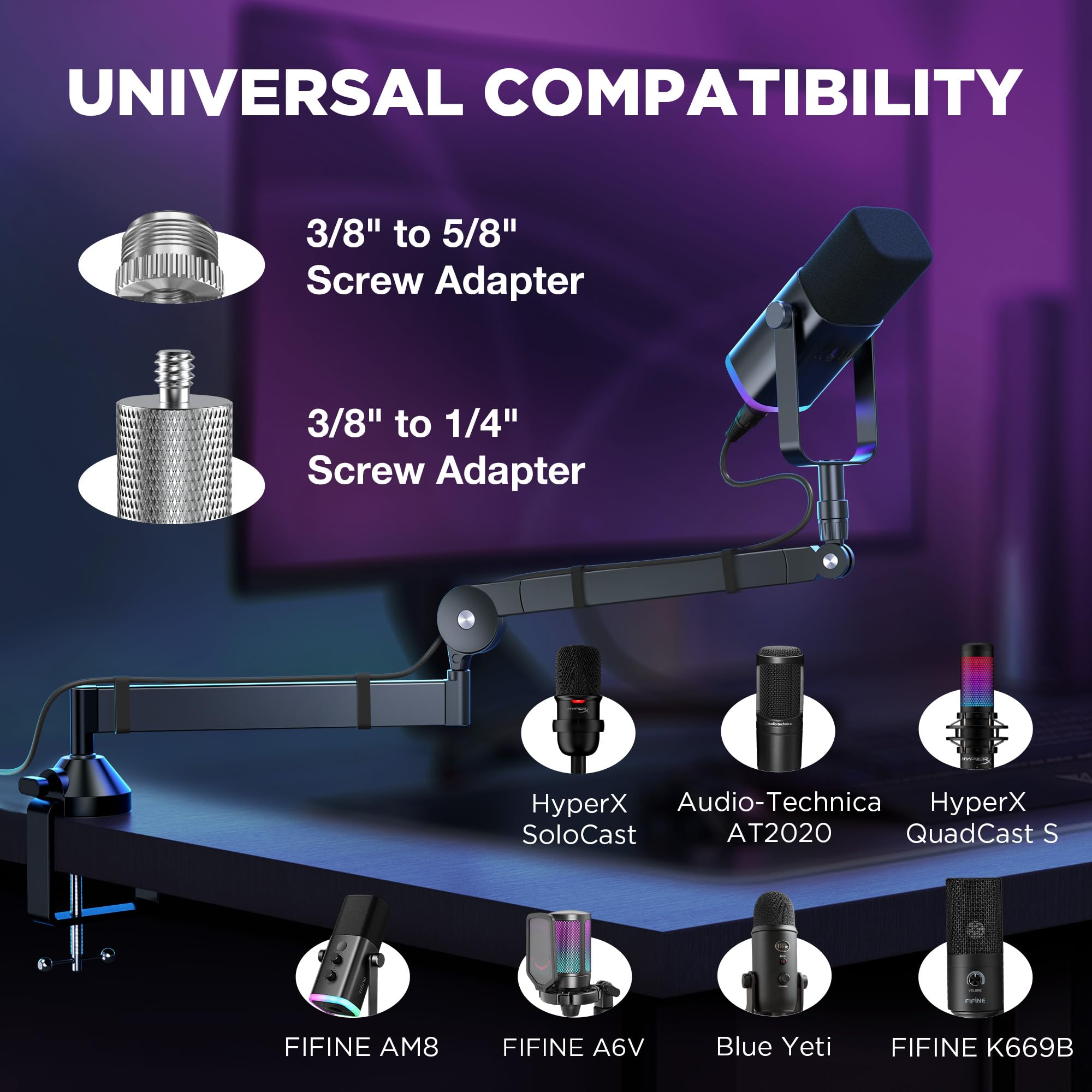 InnoGear Low Profile Mic Arm, 360° Rotatable Microphone Boom Arm Mic Stand for Fifine AM8 K669B Blue Yeti HyperX QuadCast SoloCast AT2020, Desk Mount with Mic Clip 3/8" to 5/8", 3/8" to 1/4" Adapter