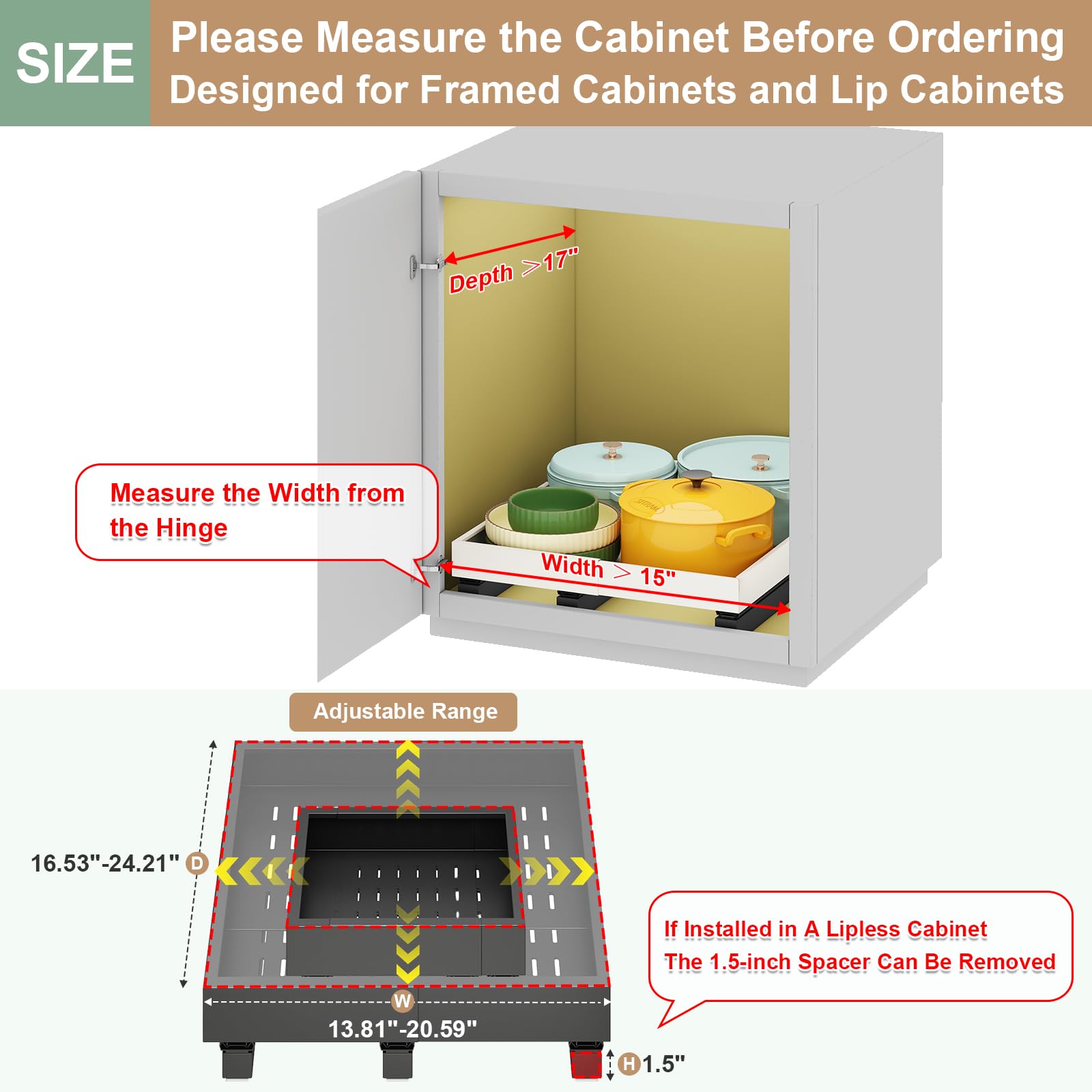 Pull out Cabinet Organizer,Expandable Width(15"-21") and Depth(17"-24") with 3 Rails,Roll out Drawers,No Drill Adjustable Slide out Shelves for Kitchen,Pantry,for Both Lip and Lip-Free Cabinets,Black