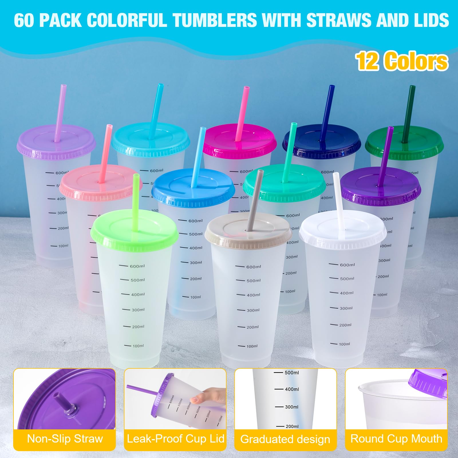 Hsei 60 Pcs Graduated Tumbler with Straw and Lid Bulk 24 Oz Plastic Reusable Cups Iced Coffee Water Bottle Travel Mug for Party Birthday Travel Water, 12 Colors