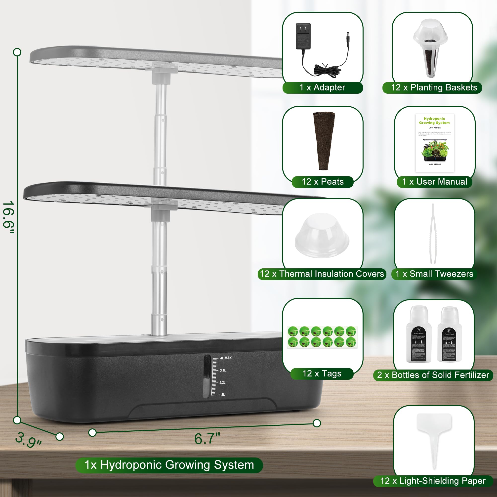 OneBlis Hydroponics Growing System Kit, 3 Mode Lights 12 PodsHerb Garden System Kits, Adjustable Height 7.6-16.6", Smart Water Pump Planter Indoor Gardening for Fruit, Vegetable, Stems, Plant