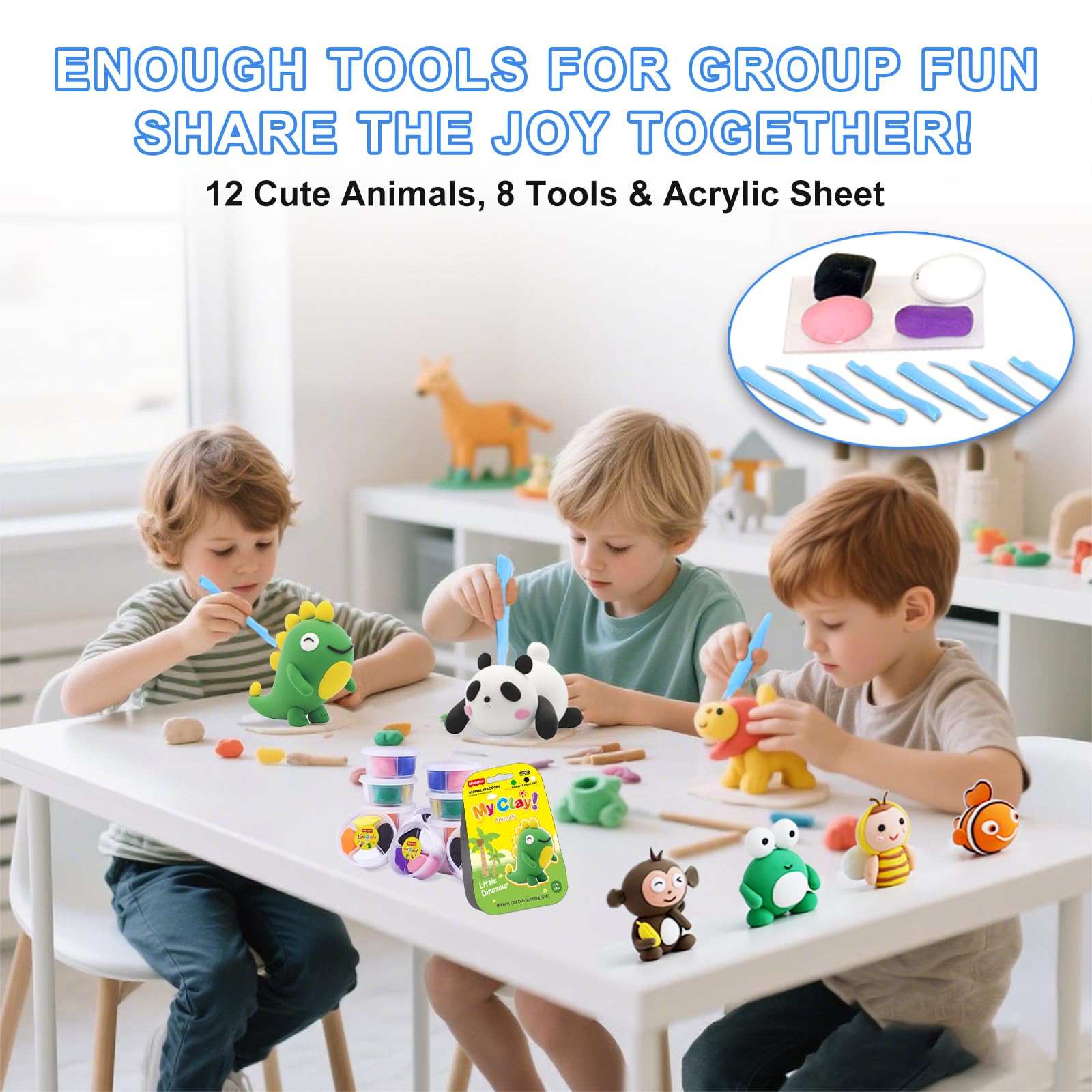 Air Dry Clay for Kids, 12 Animals Modeling Clay Kit with 8 Sculpting Tools and Clear Acrylic Sheet, Soft & Non-Sticky, Safe & Non-Toxic Magic Clays, DIY Arts & Crafts Creative Gift for Boys & Girls