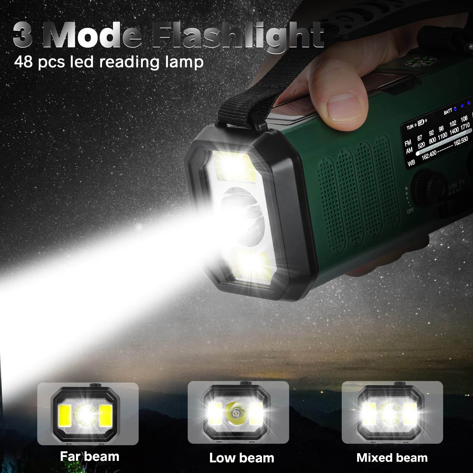10000mAh Crank Radio, Emergency Radio, Solar Radio, NOAA/AM/FM Weather Radio, USB Type-C Charging, Dynamo Radio, Polymer Battery, Torch & LED Reading Light, SOS Alarm, Compass for Camping green