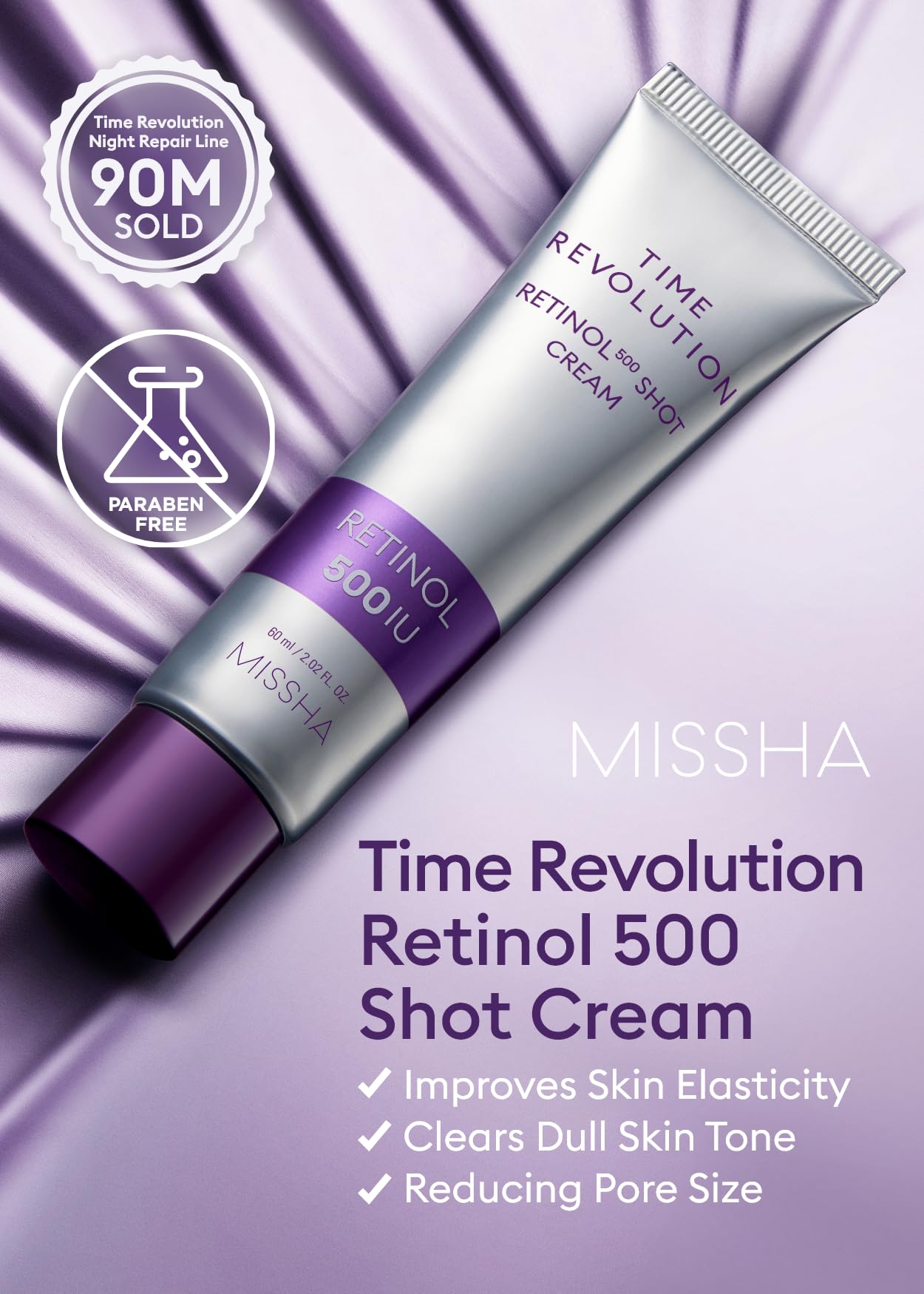 MISSHA Time Revolution Night Repair Retinol 500 Shot Cream 2.02 Fl oz - Advanced Korean Retinol Cream for Face, Skin Barrier Strengthening, Improved Elasticity & Radiance, Overnight Moisturization