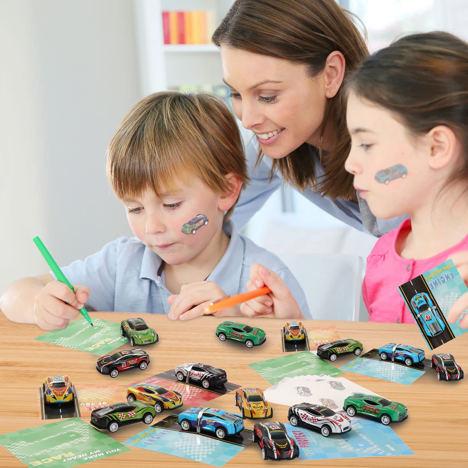 Valentines Day Cards for Kids - 32 Pack Race Cars Valentines Greeting Cards with Pull Back Cars Toys & Temporary Tattoos, Valentines Day Exchange Gift Cards for Boys Classroom School Party Supplies