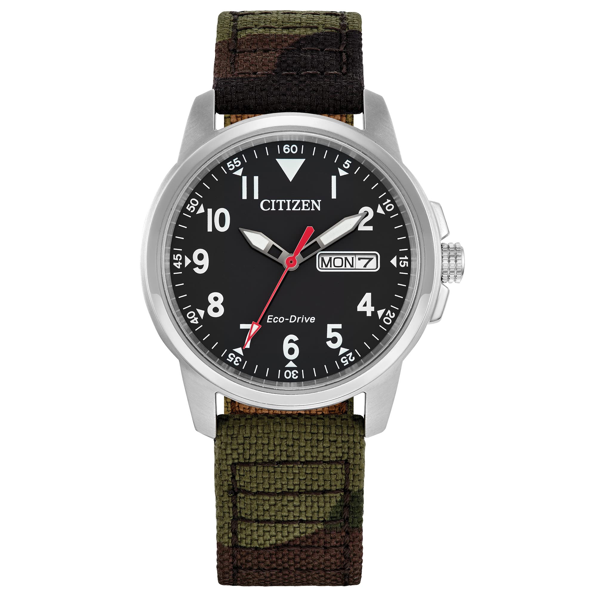 Citizen Men's Eco-Drive Weekender Garrison Field Watch in Stainless Steel with Camo Nylon strap, Black Dial (Model: BM8188-01E)