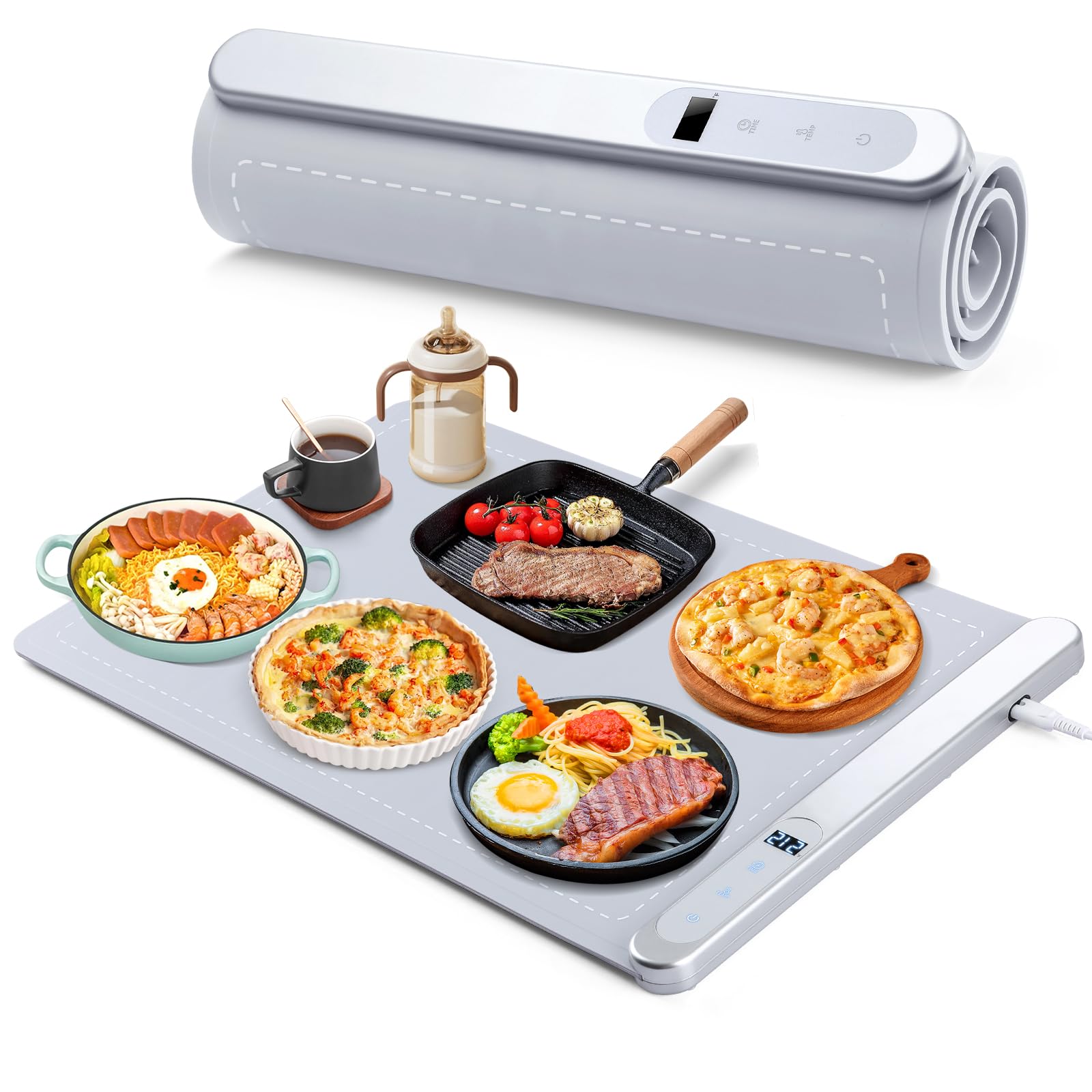 Fuloon Rollable & Portable Electric Warming Tray,Upgreaded Graphene Heating Food Warming Mat with Overload Protection and Storage Bag Made of Premium Silicone Nano-Material (23.6 * 14.6in) (Grey)