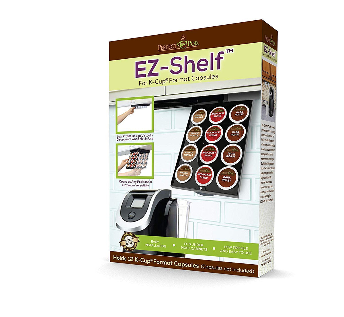 PERFECT POD EZ-Shelf Under Shelf Storage for K Cups, Space-Saving Under Counter Cabinet Coffee Pod Holder, 10.5" x 7.25" x 2", Holds 12 Cups