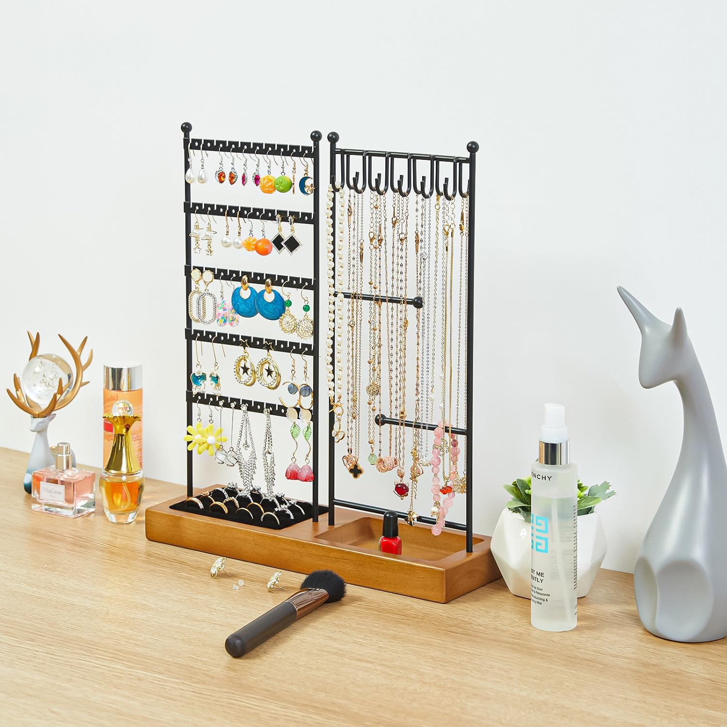 Jewelry Organizer with Earring Holder,Necklace Holder with Ring Tray, Jewelry Stand Tree Holder Organizer For Earring Ring Necklace Bracelet Display and Storage,12 Hooks,100 Earring Holes,16 Ring Slot