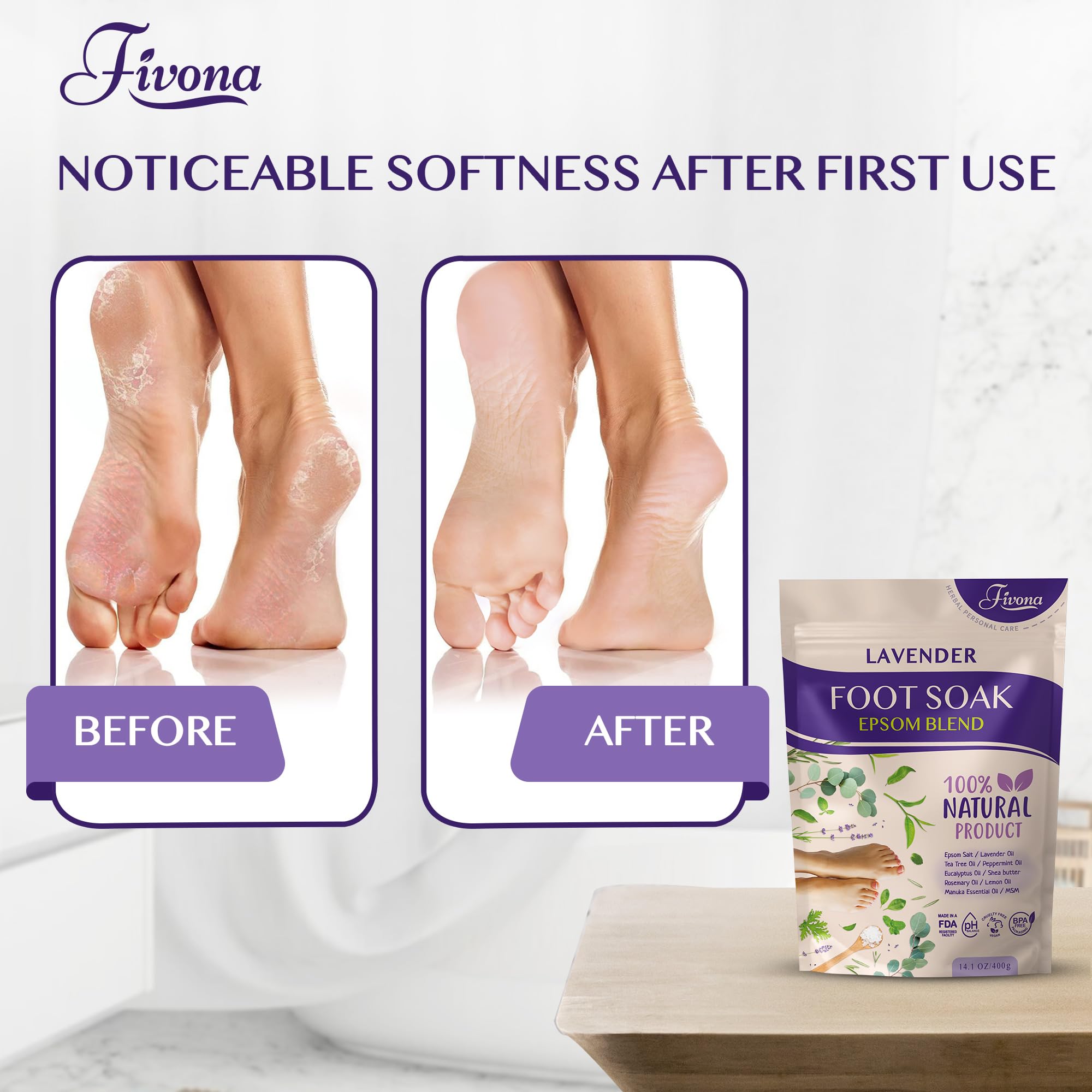 Fivona Foot Soak Blend Epsom Salt with Lavender 14.1 oz - Calming Foot Bath Salt, Relax & Renew Tired Feet, Soothe Soreness, Soften Calluses - Rejuvenating Pedicure Spa at Home