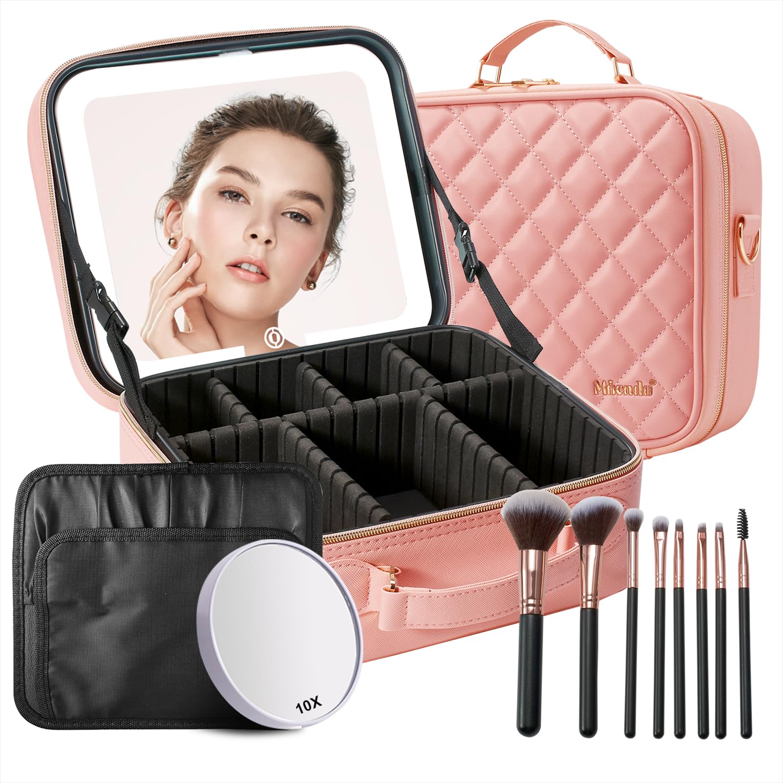 Mocado Travel Makeup Bag with LED Lighted Mirror, Travel Makeup Organizer, Makeup Case with 8 Makeup Brushes and 10x Magnifying Mirror, 3 Color Lighting, Adjustable Divider Makeup Box(Pink Lozenge)