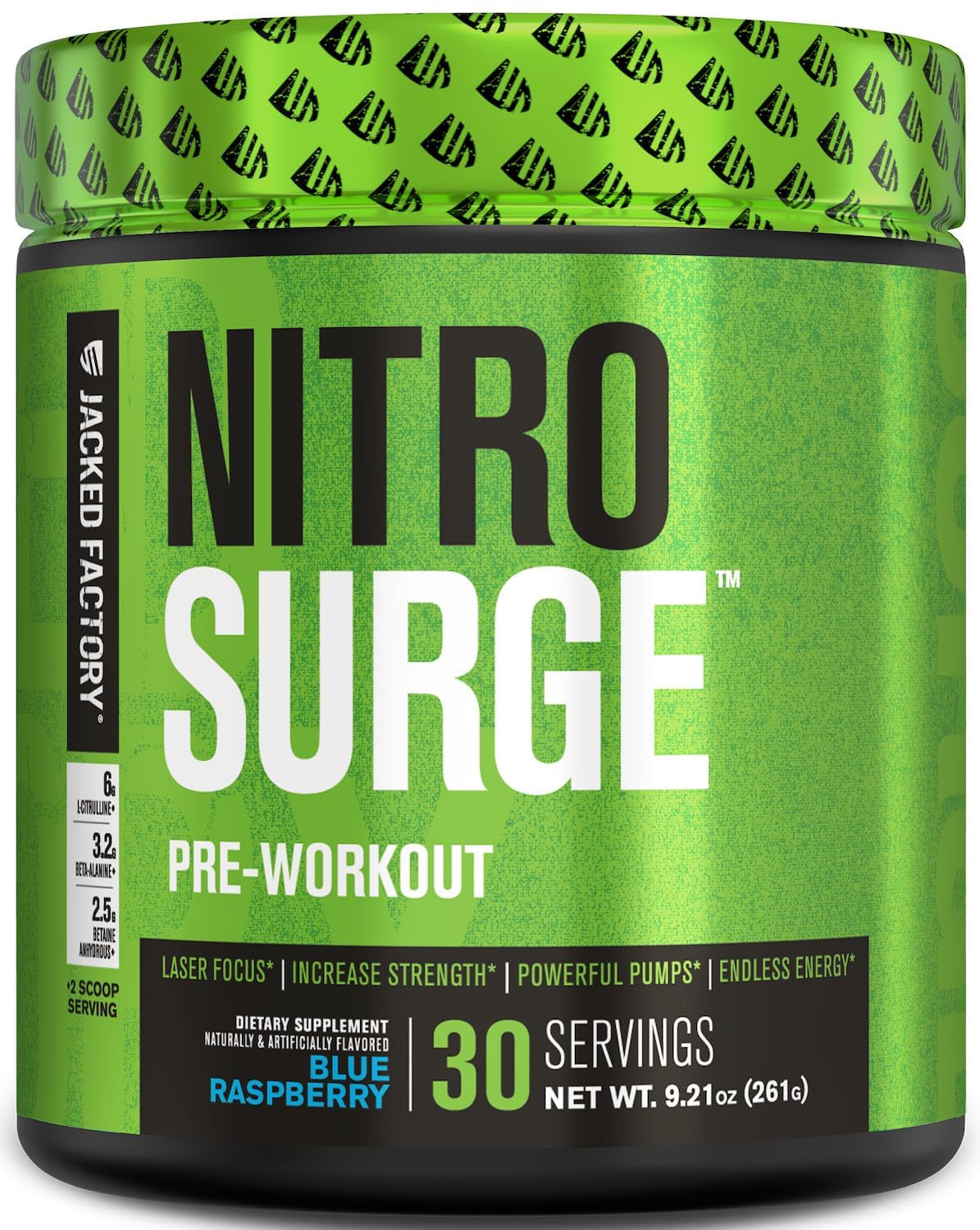 Jacked Factory NITROSURGE Pre Workout Supplement - Energy Booster, Instant Strength Gains, Clear Focus & Intense Pumps - NO Booster & Powerful Preworkout Energy Powder - 30 Servings, Blue Raspberry