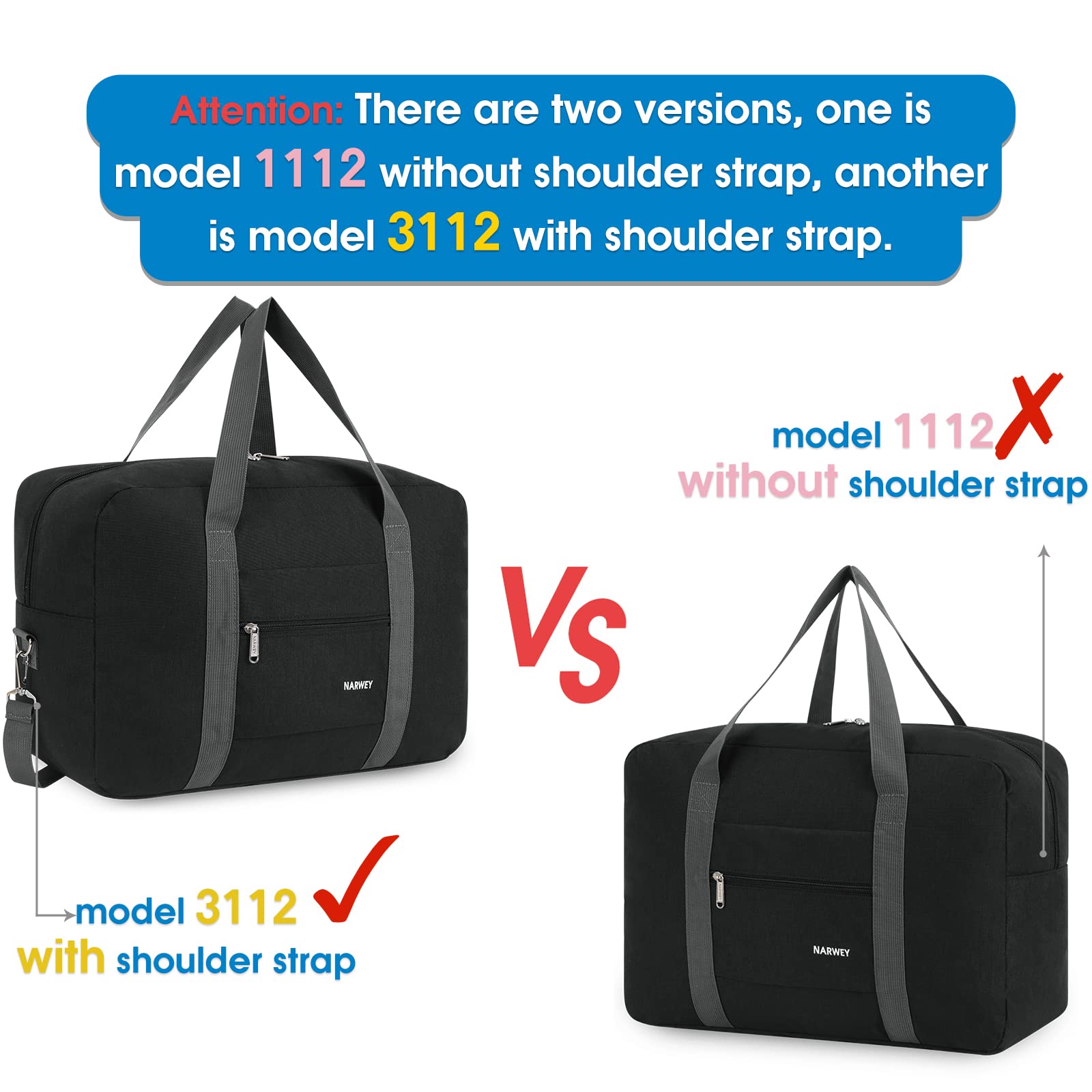 For Spirit Airlines Personal Item Bag 18x14x8 Foldable Travel Duffel Bag Tote Carry on Luggage Duffle Overnight for Women and Men (1112 Thick Series Black)