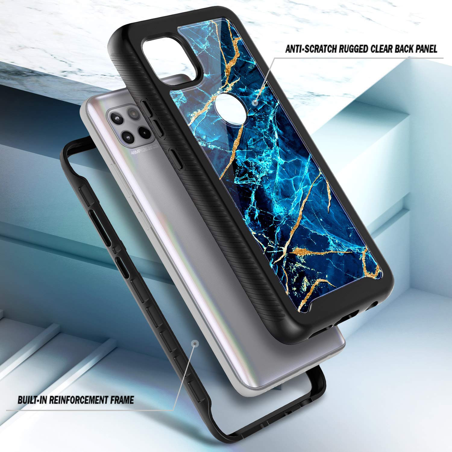 NZND for Motorola One 5G Ace (One 5G UW Ace) Case with Built-in Screen Protector, [16FT Military Grade Drop Tested] Full-Body Protective Shockproof Rugged Bumper Case (Marble Design Sapphire)