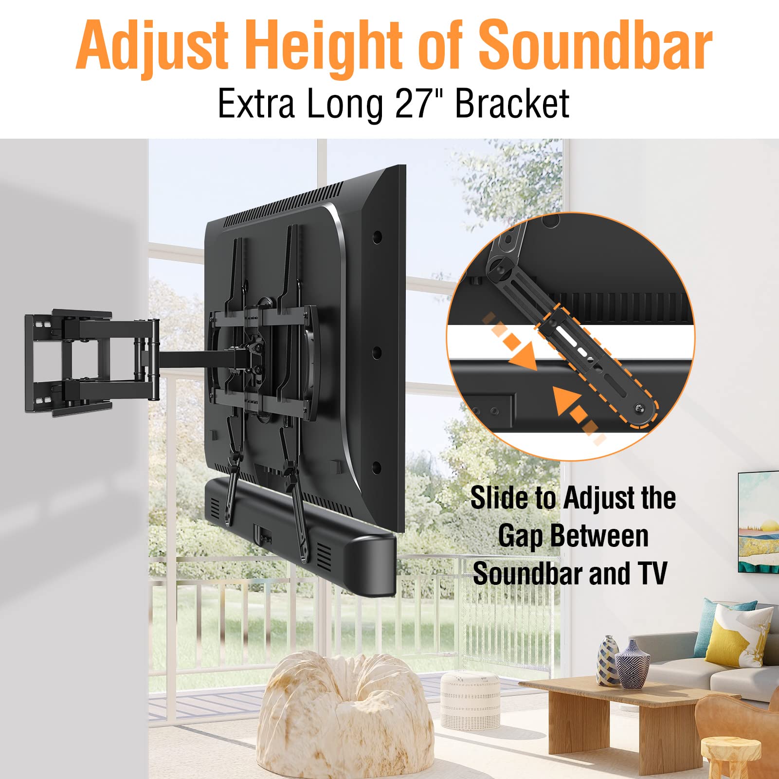 ELIVED Soundbar Mount, Sound Bar TV Bracket, for Mounting Above or Under TV, Fits Most Sound Bars Up to 15 Lbs, Tool-Free Knob Adjustable, for 23-90" TVs with Detachable Extension Arms and L-Brackets