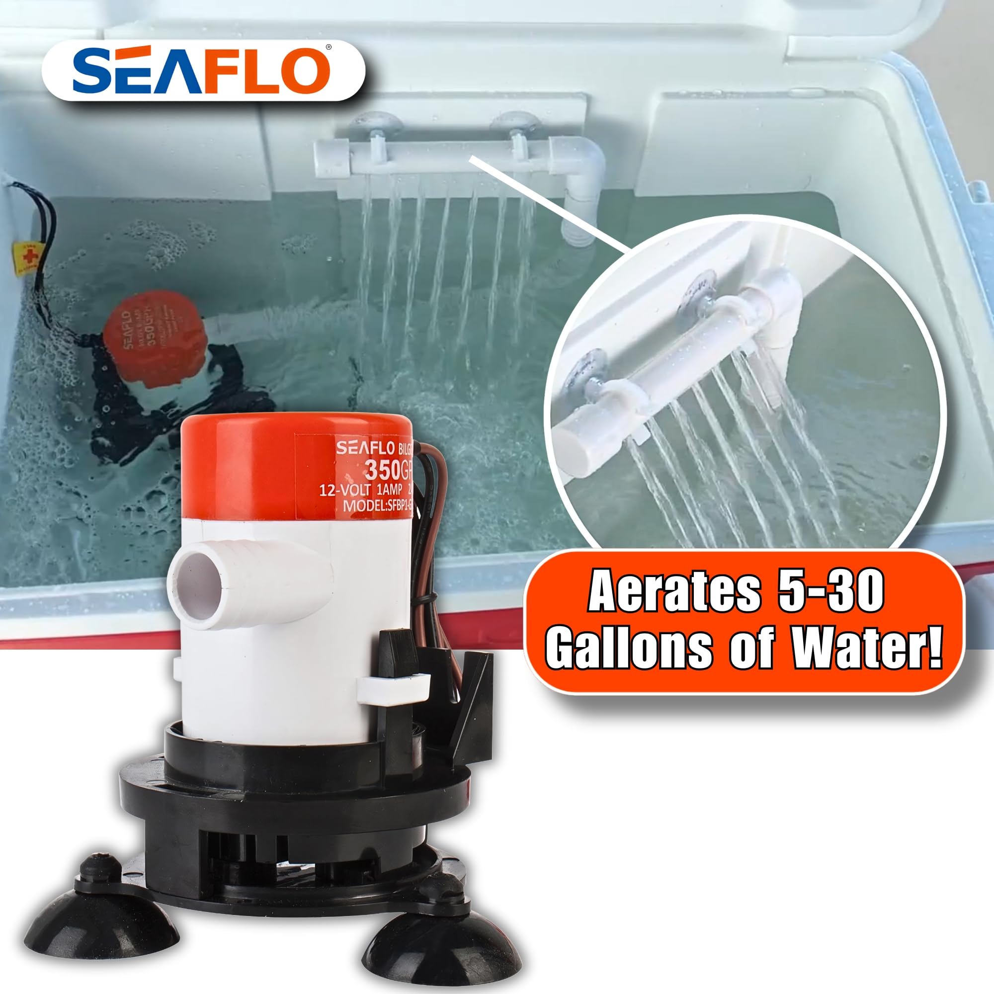 SEAFLO 10 Series Portable Livewell Aerator Kit - 12V, 350 GPH, Bait Pump, Submersible, Corrosion-Resistant, Efficient Oxygenation, Fresh/Saltwater Use, CE & ROHS Certified, 4-Year Warranty
