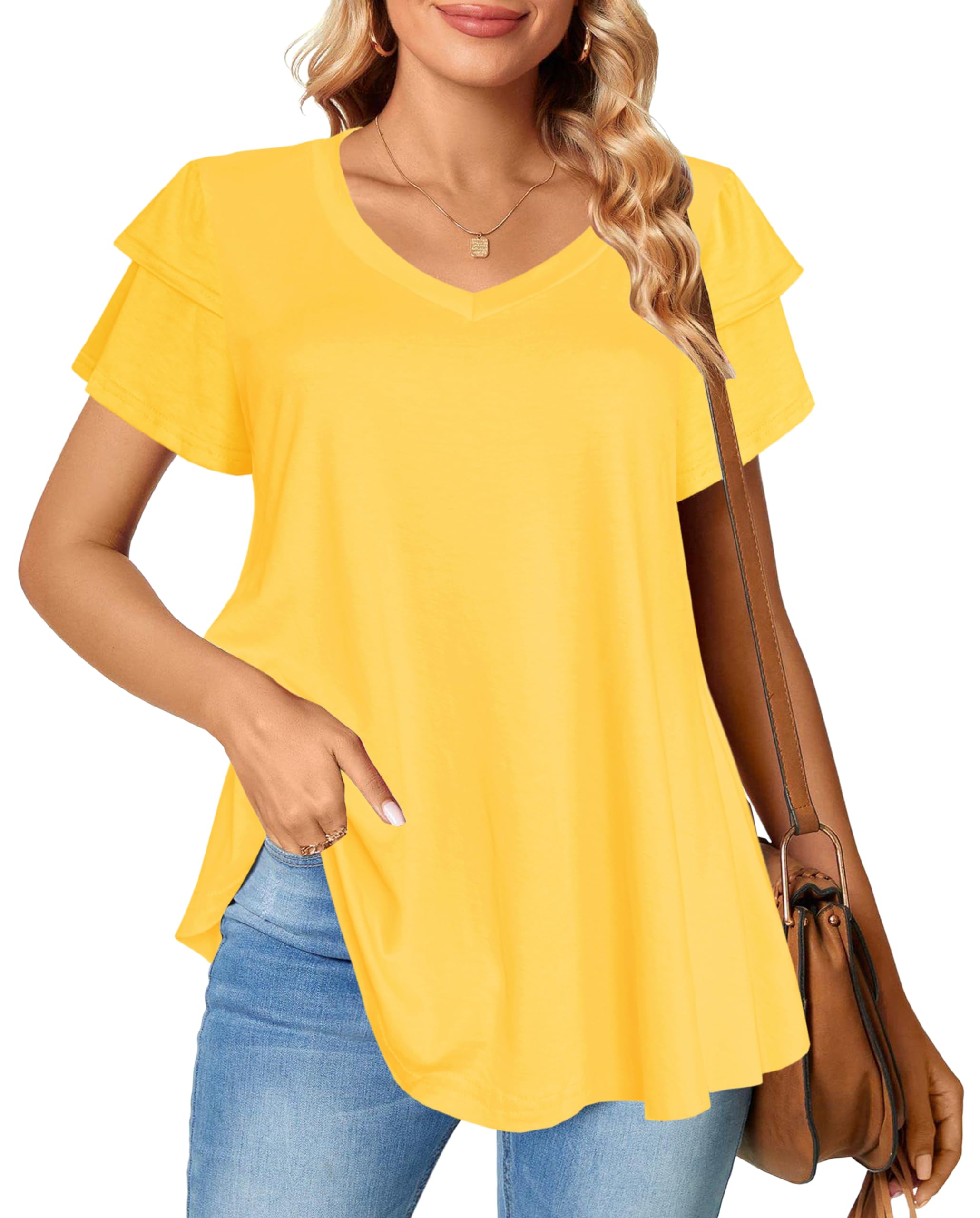Afibi Womens Summer Tops Ruffle Short Sleeve V Neck T-Shirts Casual Loose Fit (XXX-Large, Yellow)