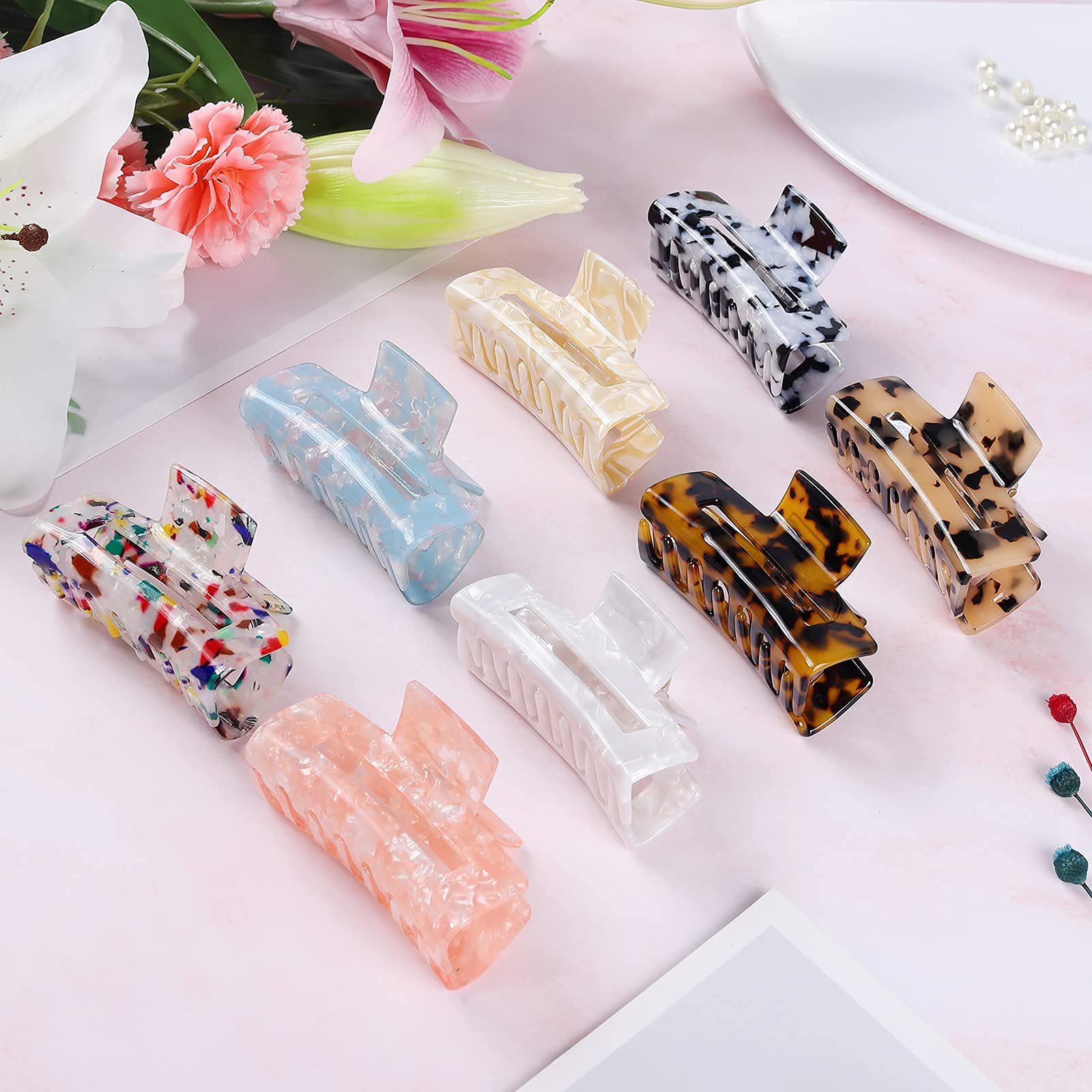 laxizar Hair Claw Clips 8 Pack Tortoise Barrettes Rectangle Shape Clips 3 Inch Fashion Hair Clips for Women