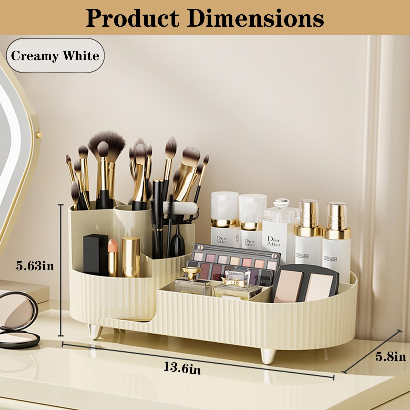 Rotating Makeup Organizer for Vanity with Brush Holder, Cosmetic Makeup Storage Organizer, Large Spinning Makeup Skincare Organizer, Countertop Makeup Perfume Organizer, Lotions Display Case (Ivory)