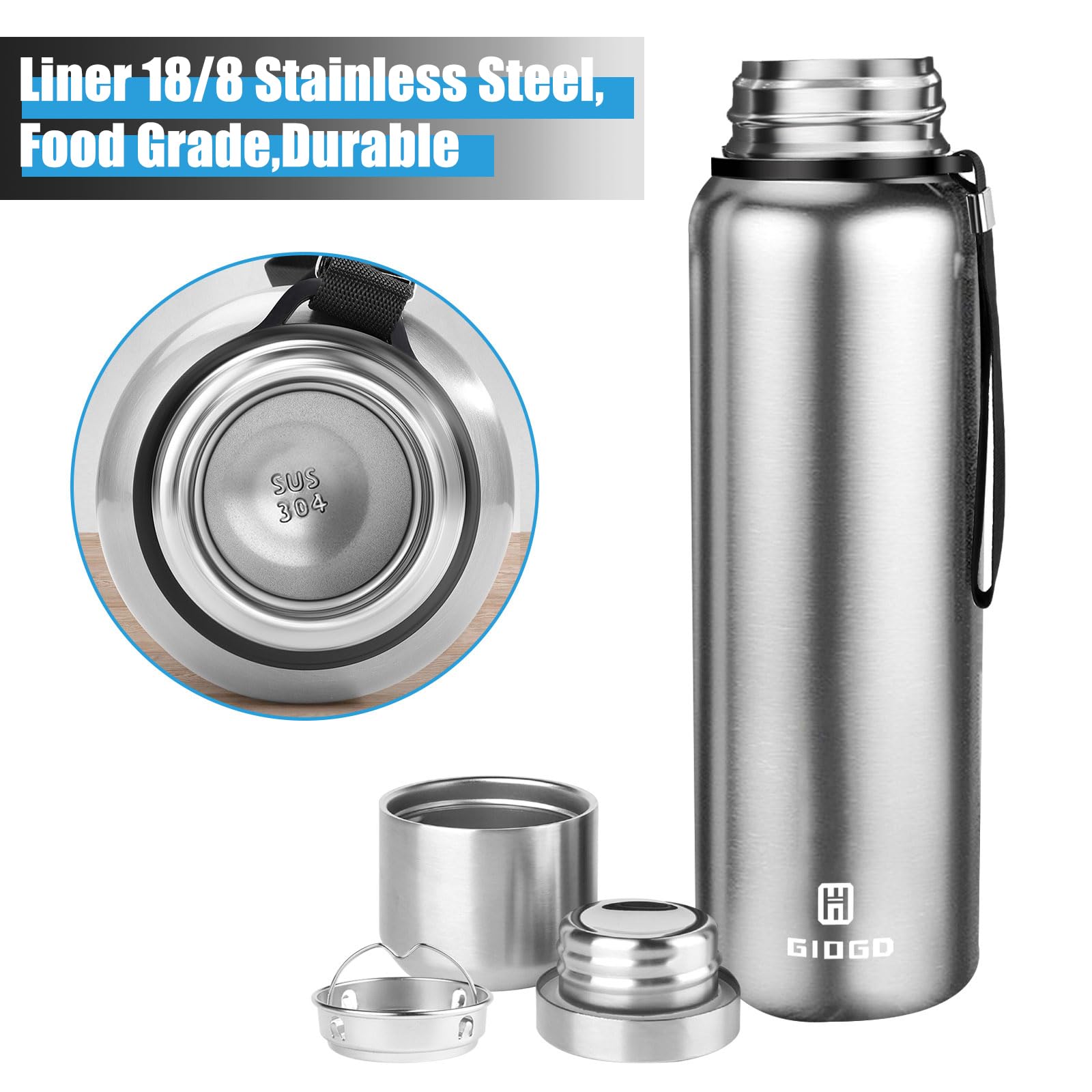 Insulated vacuum Thermo Bottle 750ml/25.4oz with cup Stainless steel coffee bottles for hot and cold drink water flask.(Silver,750ml)