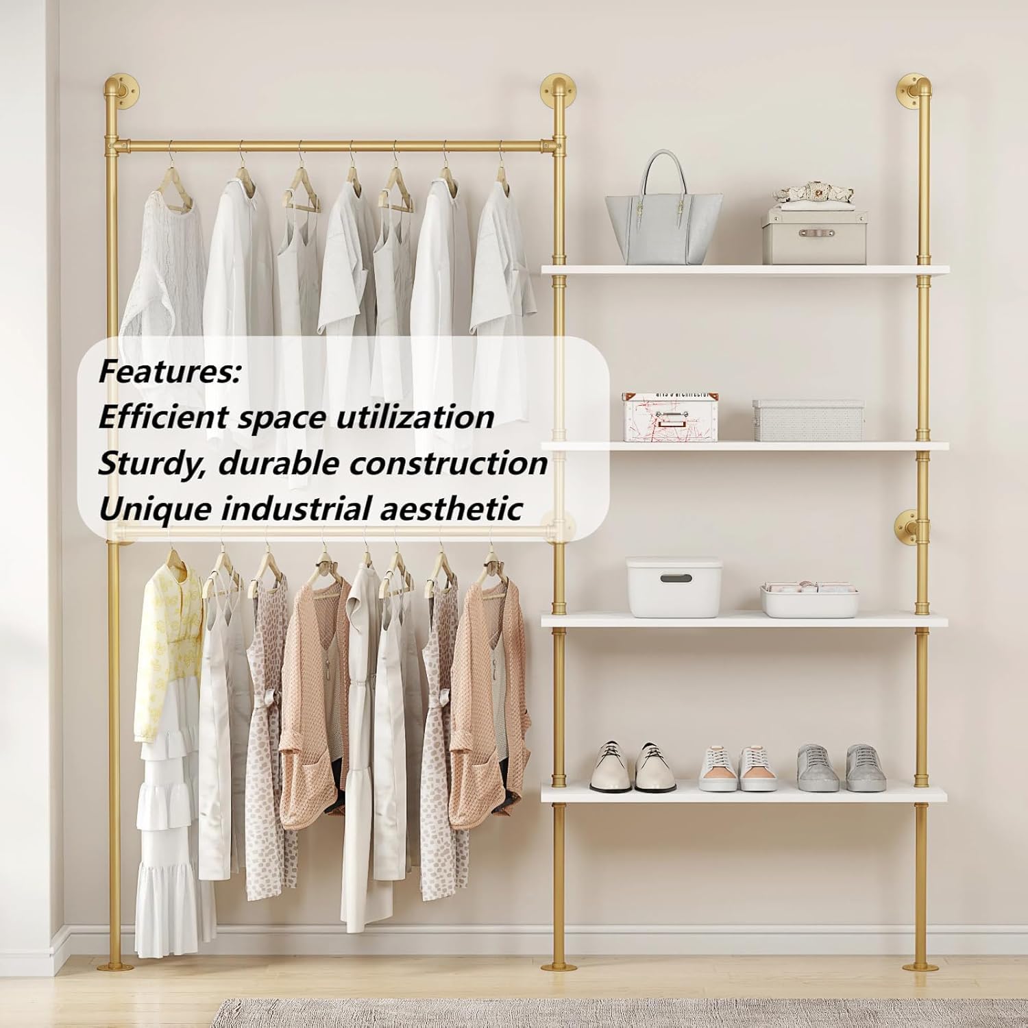 Woskar Industrial Pipe Clothing Rack, Hanging Rods Clothes Rack with Shelves, Clothes Rack for Wardrobe, Corner Closet System for Walk in Closets (Gold)