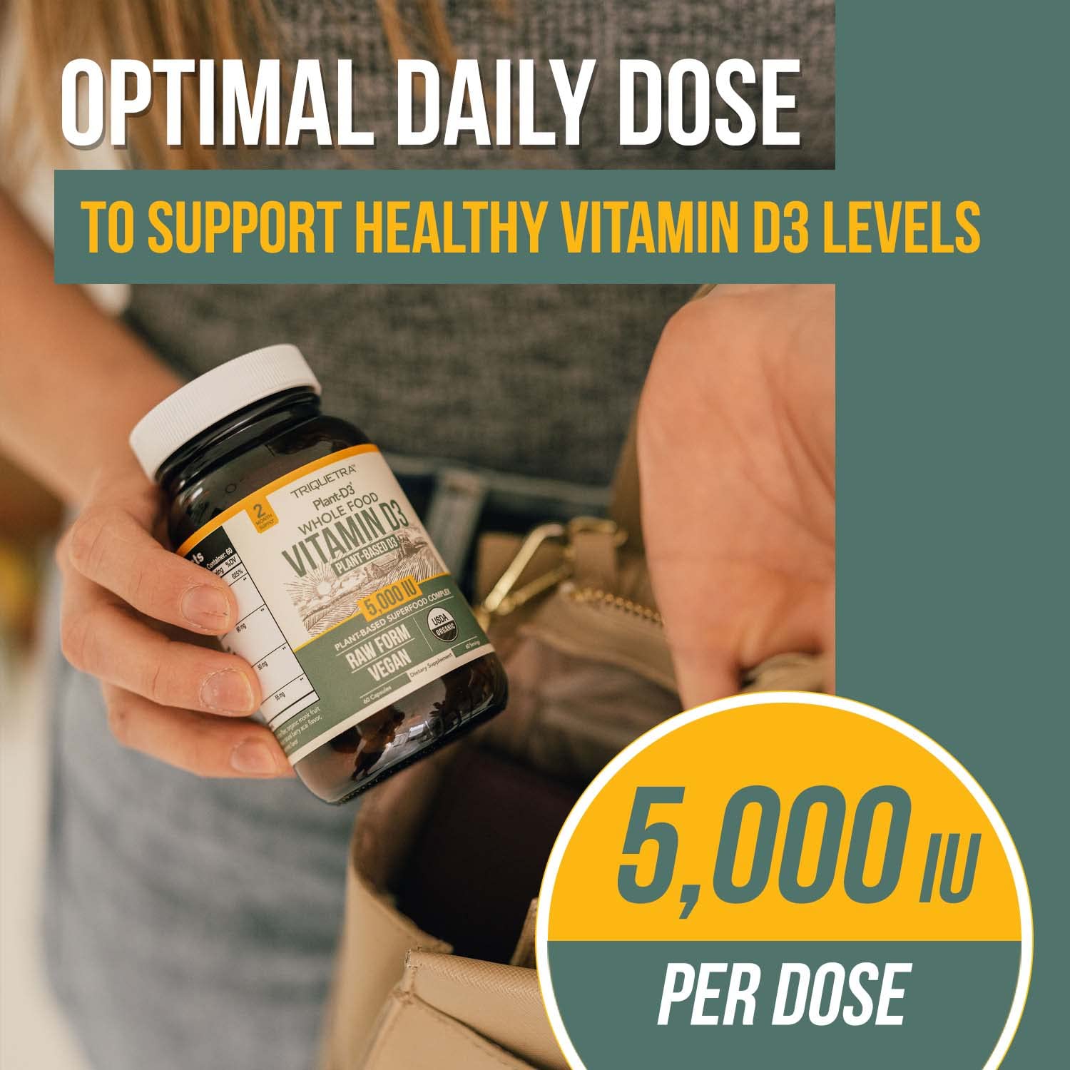 Organic Vitamin D3 5,000 IU - 100% Whole Food & Plant-Based Cholecalciferol Form, 100% Vegan Vitamin D - Enhanced with Prebiotic & Superfood Complex – Organic, Vegan, GMO & Gluten Free (60 Capsules)