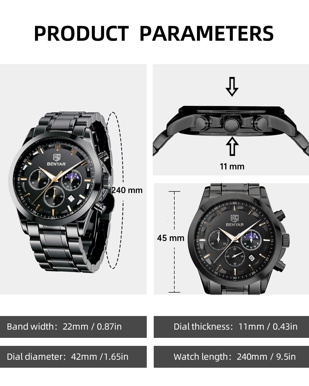 BY BENYAR Watches for Men Analog Watch Mens Watches Waterproof Watch Black Watches Quartz Chronograph Date Men's Wrist Watches Stainless Steel Casual Luxury Gifts for Men Unique Mens Dress Watch