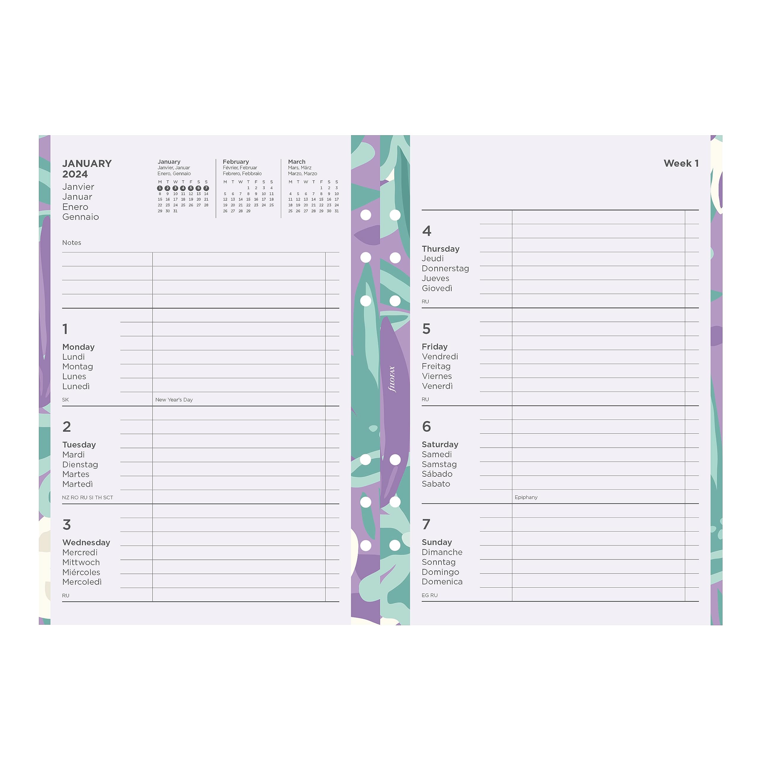 Filofax Calendar Diary Refill, A5 Size, Week-to-View, Illustrated Floral Diary Pack with Four-Color Print Design, Multilingual: Five Languages, 2024 (C6351-24)