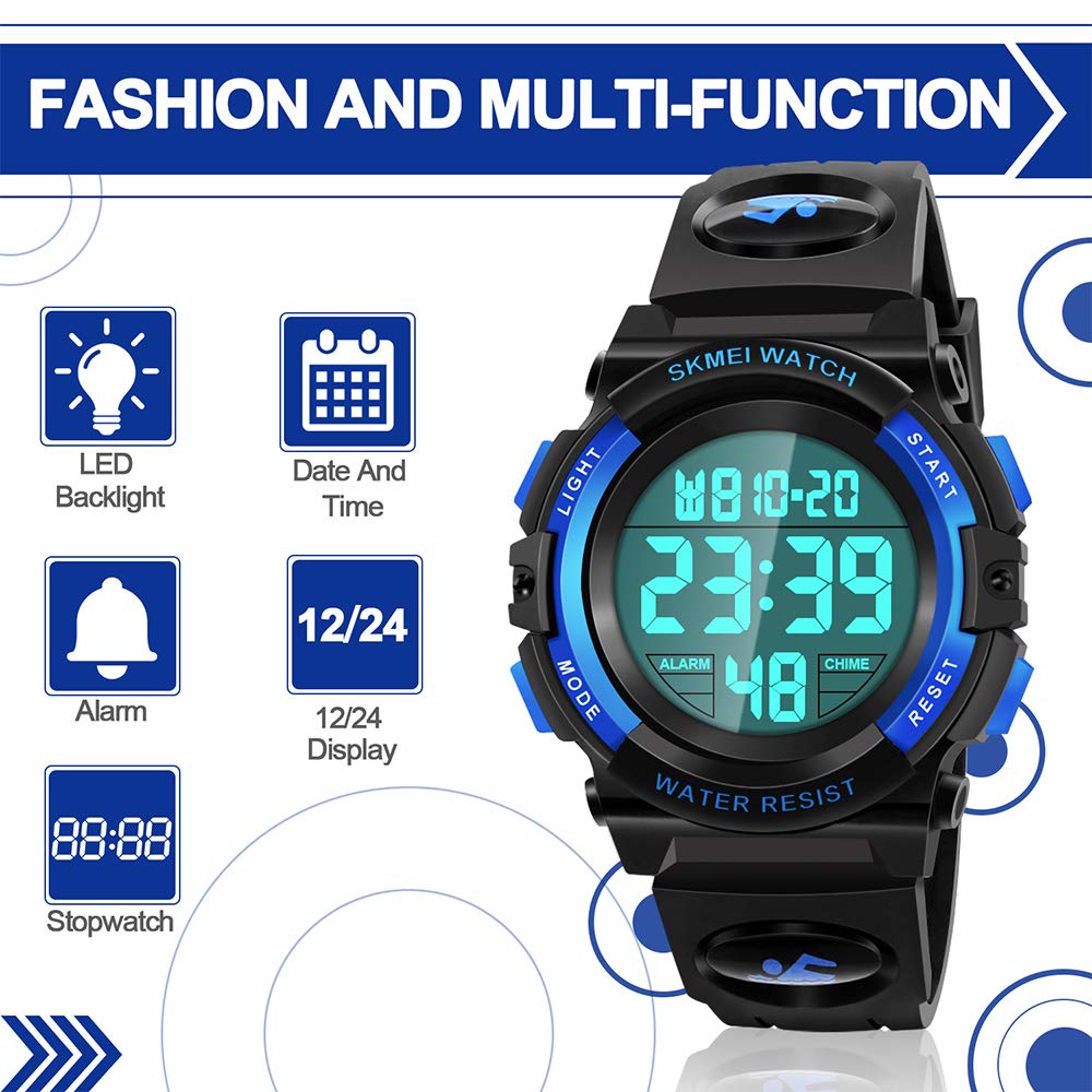 Dodosky Boy Toys Age 5-12, LED 50M Waterproof Digital Sport Watches for Kids Birthday Presents Gifts for 5-12 Year Old Boys - Blue