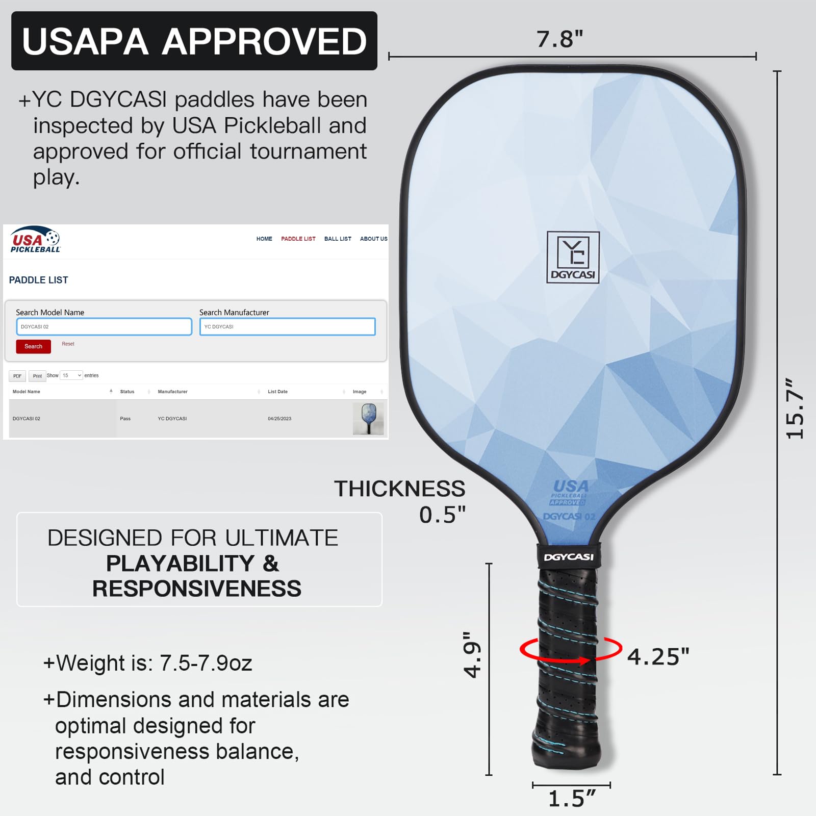 Pickleball Paddles Set of 2, 2023 USAPA Approved, Carbon Fiber Surface (CHS), Polypropylene Honeycomb Core, Anti-Slip Sweat-Absorbing Grip, 4 Pickleball, Portable Carry Bag (Blue)