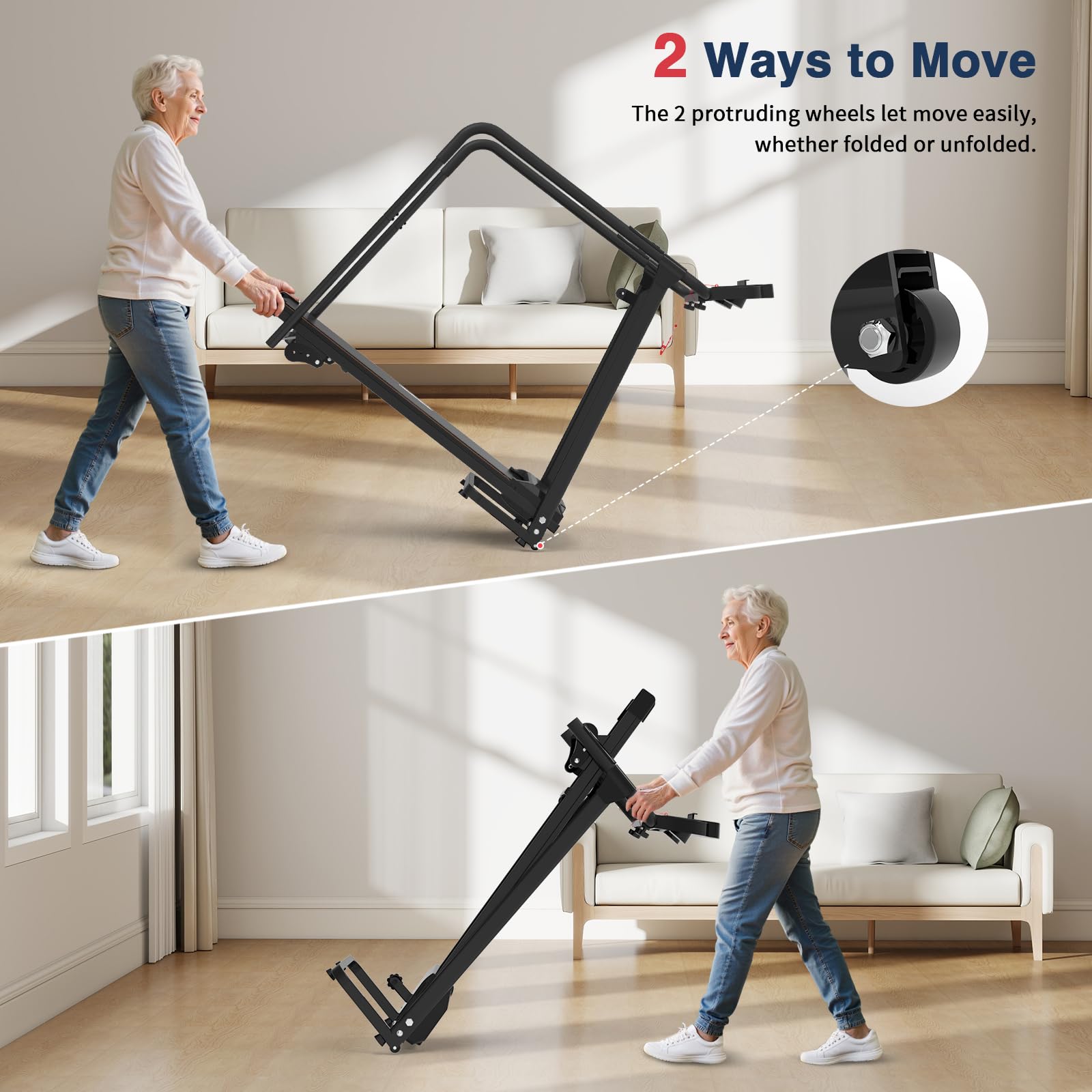 Redliro Walking Treadmill for Seniors - Foldable Senior Treadmill with 0%-2% Incline, Long Handrails - 300 lbs Capacity Home Recovery Fitness Exercise Machine for Elder, Mute & Qucik Speed Button