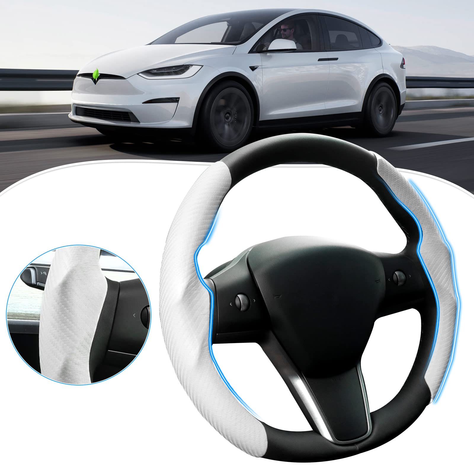 Canvcle Custom-Fit Steering Wheel Cover for Tesla, Telsa Model 3 / Y Carbon Fiber Steering Wheel Cover for Men/Women, Anti-Slip, Comfortable Grip, Breathable, Model 3 / Y Accessories (White)