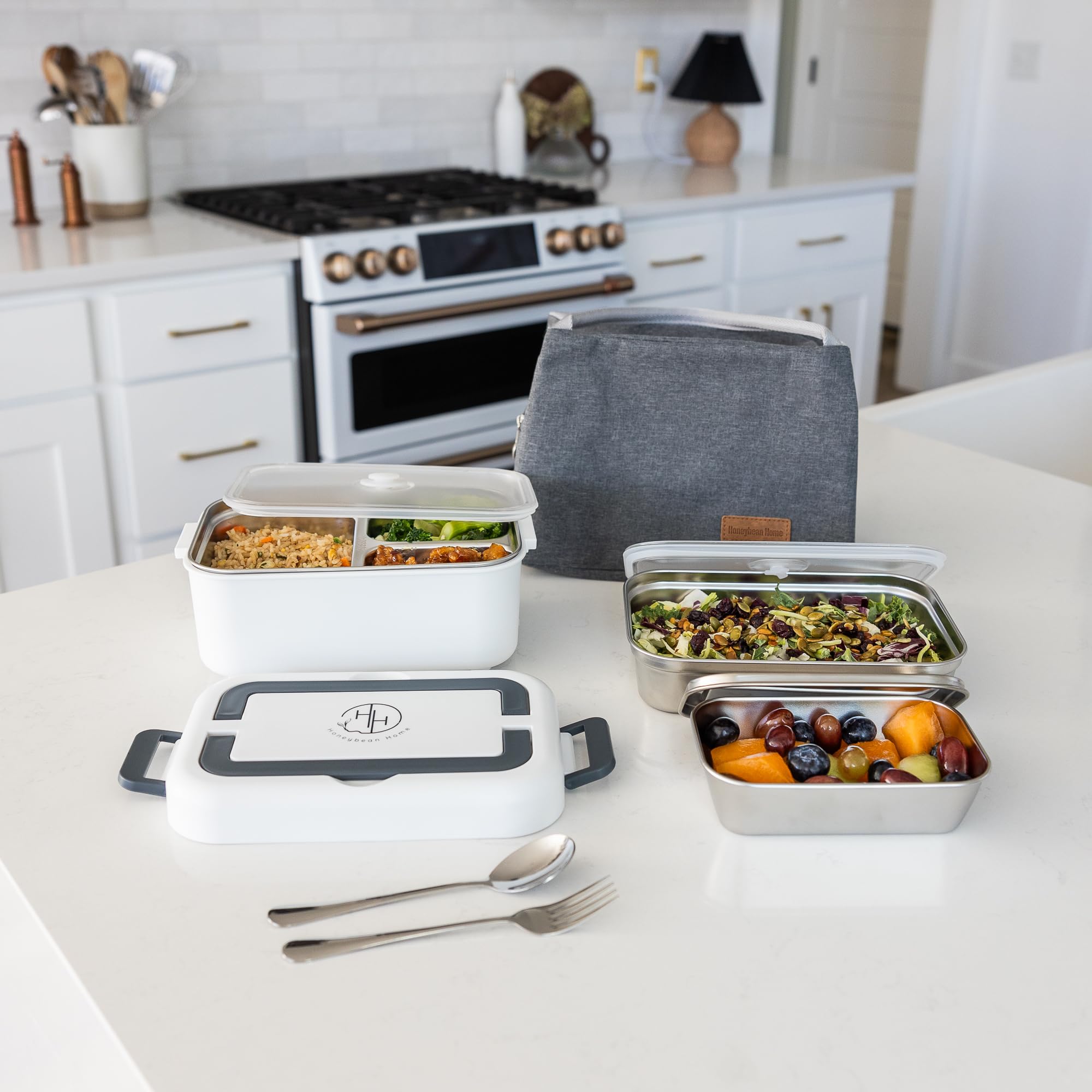 HONEYBEAN HOME Battery Powered Lunch Box for Work With 35 Minutes of Heating Capability – Comes With a Reusable Fork & Spoon