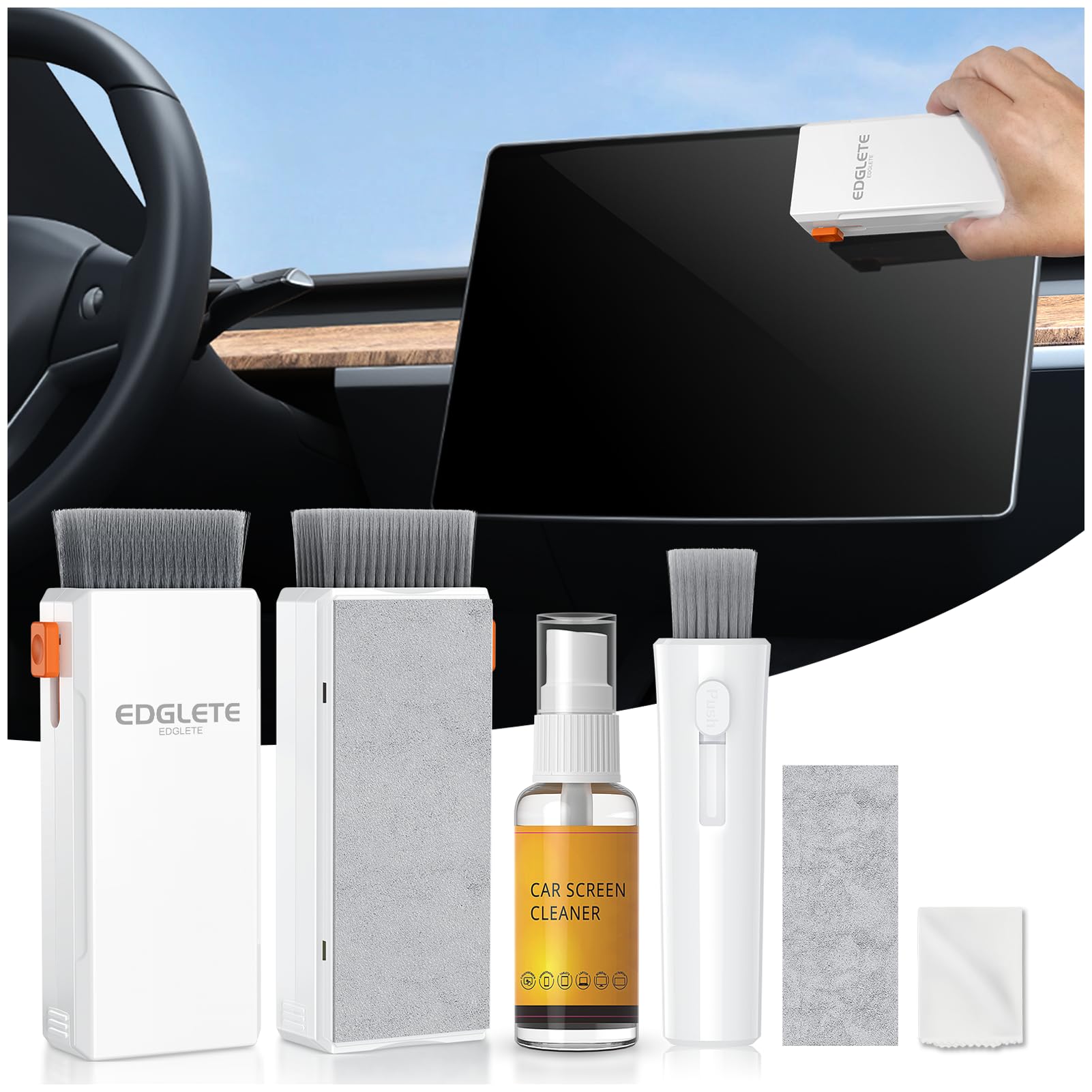 Car Screen Cleaner with Detailing Brush - Screen Cleaner Spray Car Detailing Kit Interior Cleaner for Touch Screen Display Dashboard, Car Cleaning Kit for Tesla Model 3 Y Jeep BMW Honda Benz Chevy