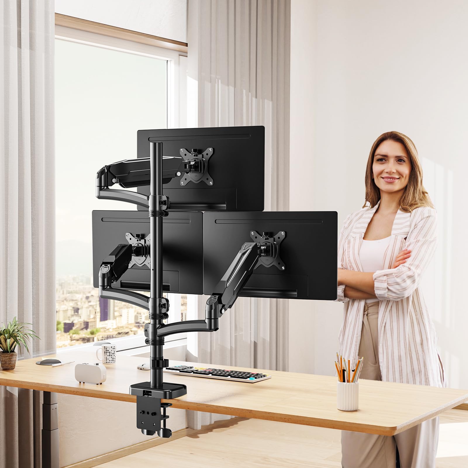 MOUNT PRO Triple Monitor Mount for Max 32" Computer Screen, Adjustable 3 Monitor Desk Mount, up to 17.6lbs Each, Gas Spring Monitor Arm with Tilt Swivel Rotation, VESA Mount 75x75/100x100mm